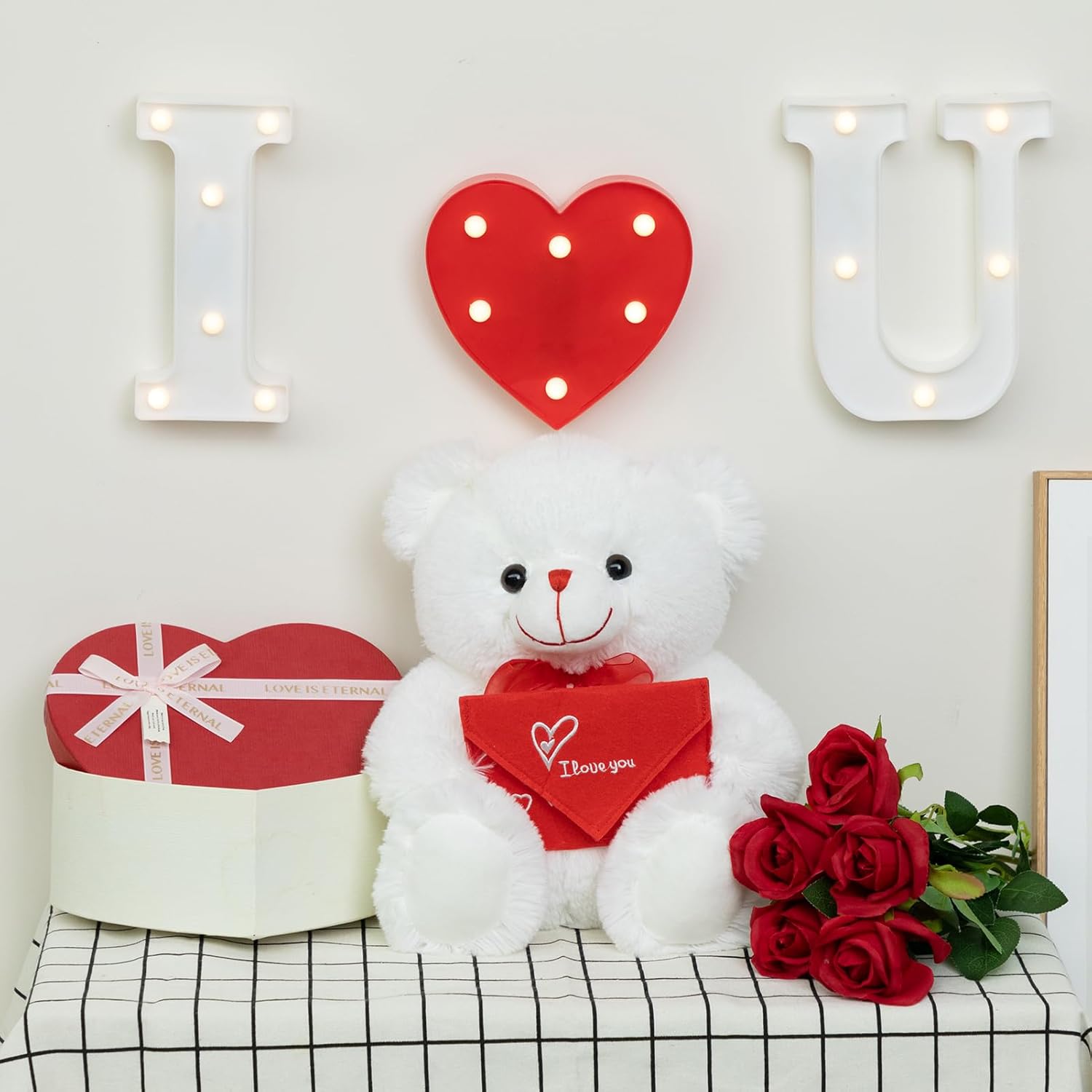 HollyHOME Teddy Bear Stuffed Animal Plush Bear with Red Bow Holding a Picture Frame Soft Plush Toy Christmas Valentine's Day Gift 12 Inches White