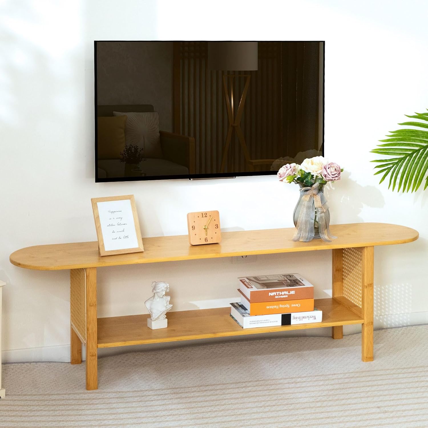HollyHOME Bamboo TV Stand with Storage (Rattan Side)