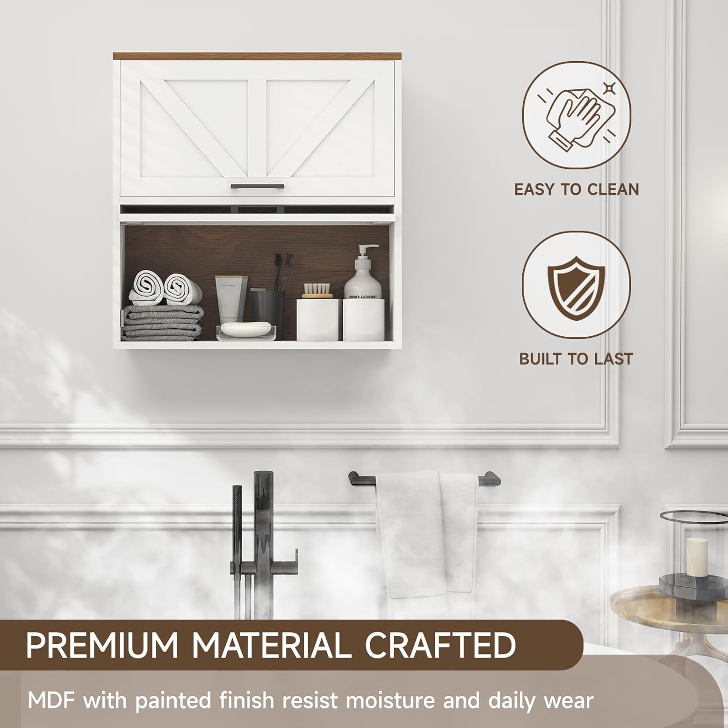 HollyHOME Farmhouse Wall Wood Medicine Cabinet for Bathroom, Kitchen, Living Room, White & Walnut Finish