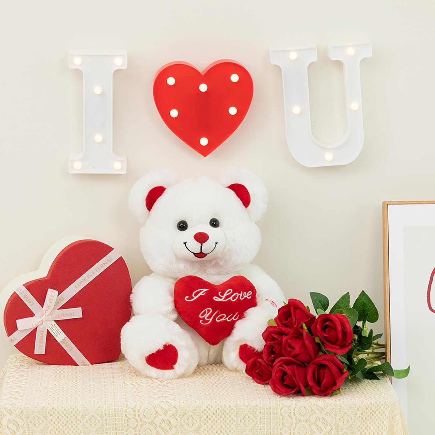 HollyHOME Teddy Bear with Pink Heart Plush Bear That Says I Love You and Blushes LED Stuffed Toys for Girlfriend and Kids Valentine's Day 13 inch White