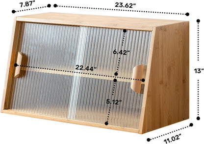 HollyHOME Small Bamboo Kitchen Pantry Sideboard with 2 Sliding Striped Glass Doors, Freestanding Countertop Storage Cabinet for Bottles, Dish, Bowl, Console Dining Cupboard, Burlywood