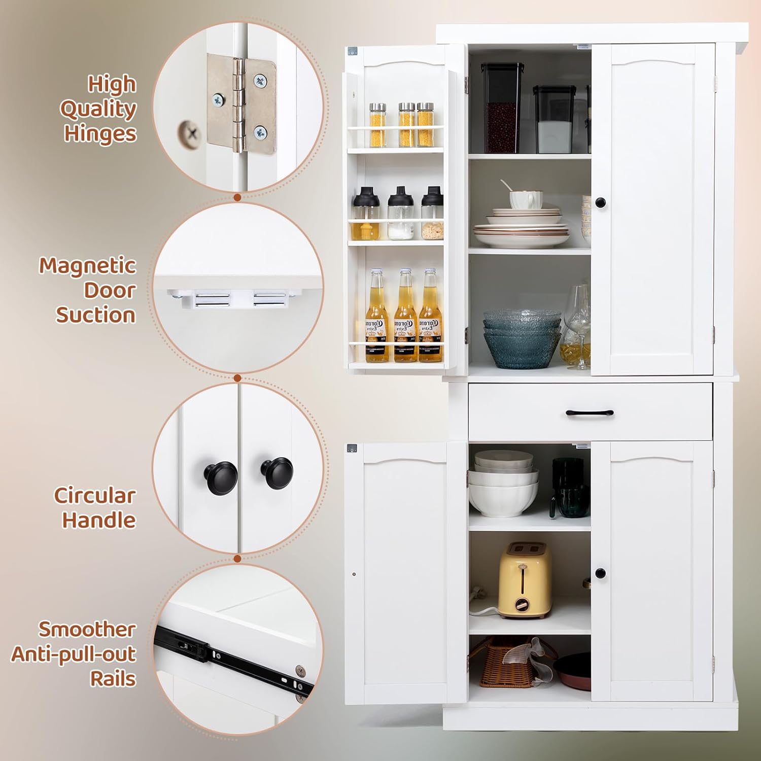 HollyHOME Kitchen Pantry Cabinet White（4-Door）