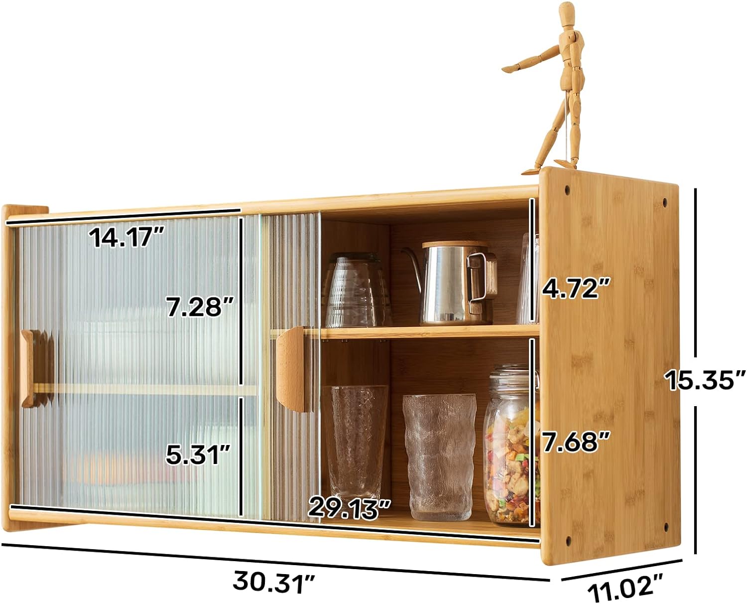 HollyHOME Bamboo Wall Mounted Kitchen Pantry Sideboard with 2 Sliding Door, Freestanding Wall Storage Cabinet with Shelf for Bottle, Dish, Bowl, Console Dining Cupboard, Burlywood