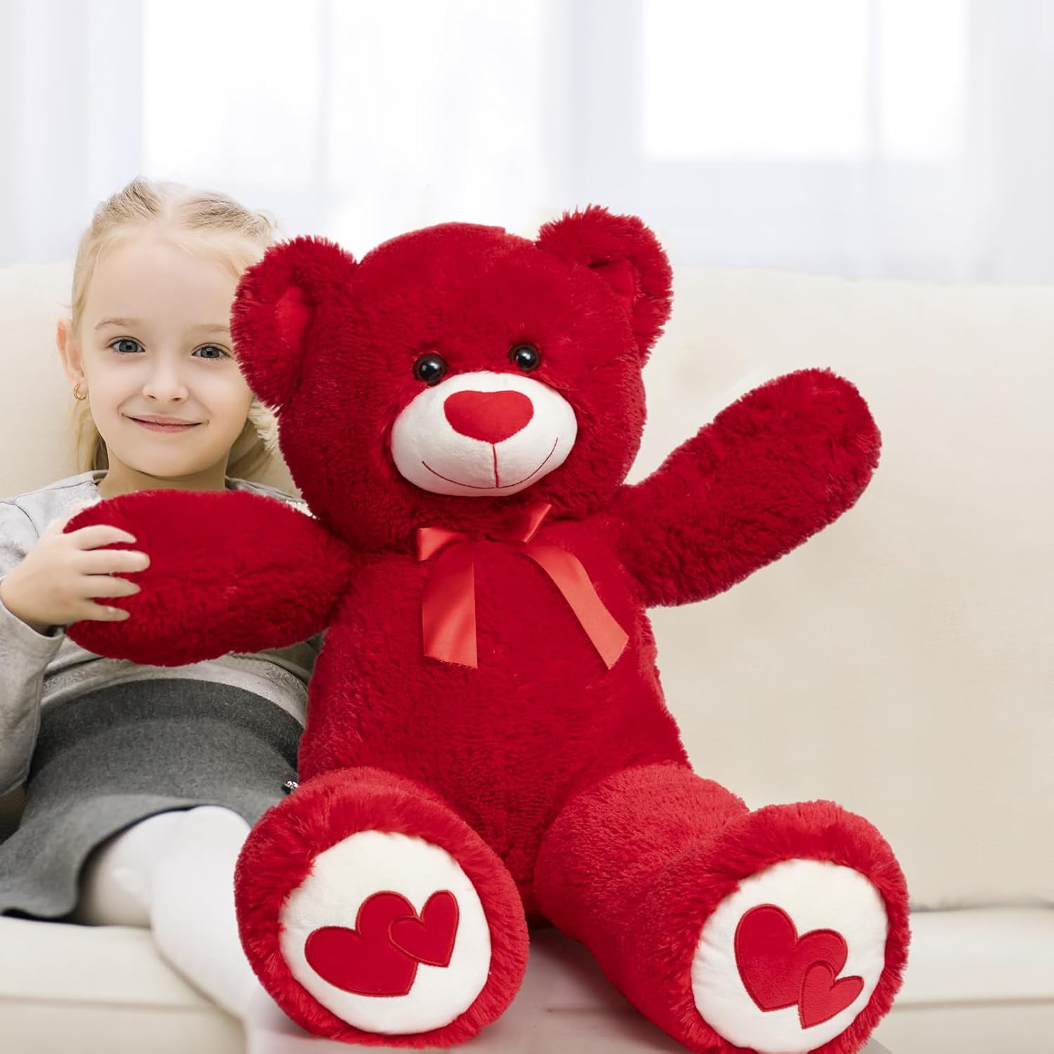 HollyHOME Big Teddy Bear Stuffed Animal Large Bear Plush with Red Heart for Girlfriend and Kids Valentine's Day 36 inch Beige