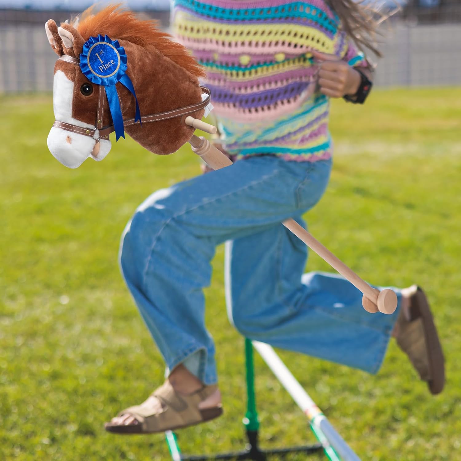 HollyHOME Stick Horse Plush Handcrafted Hobby Horse on a Stick with Wood Wheels Real Pony Neighing and Galloping Sounds for Kids Toddlers Beige 36 Inches(AA Batteries Required)