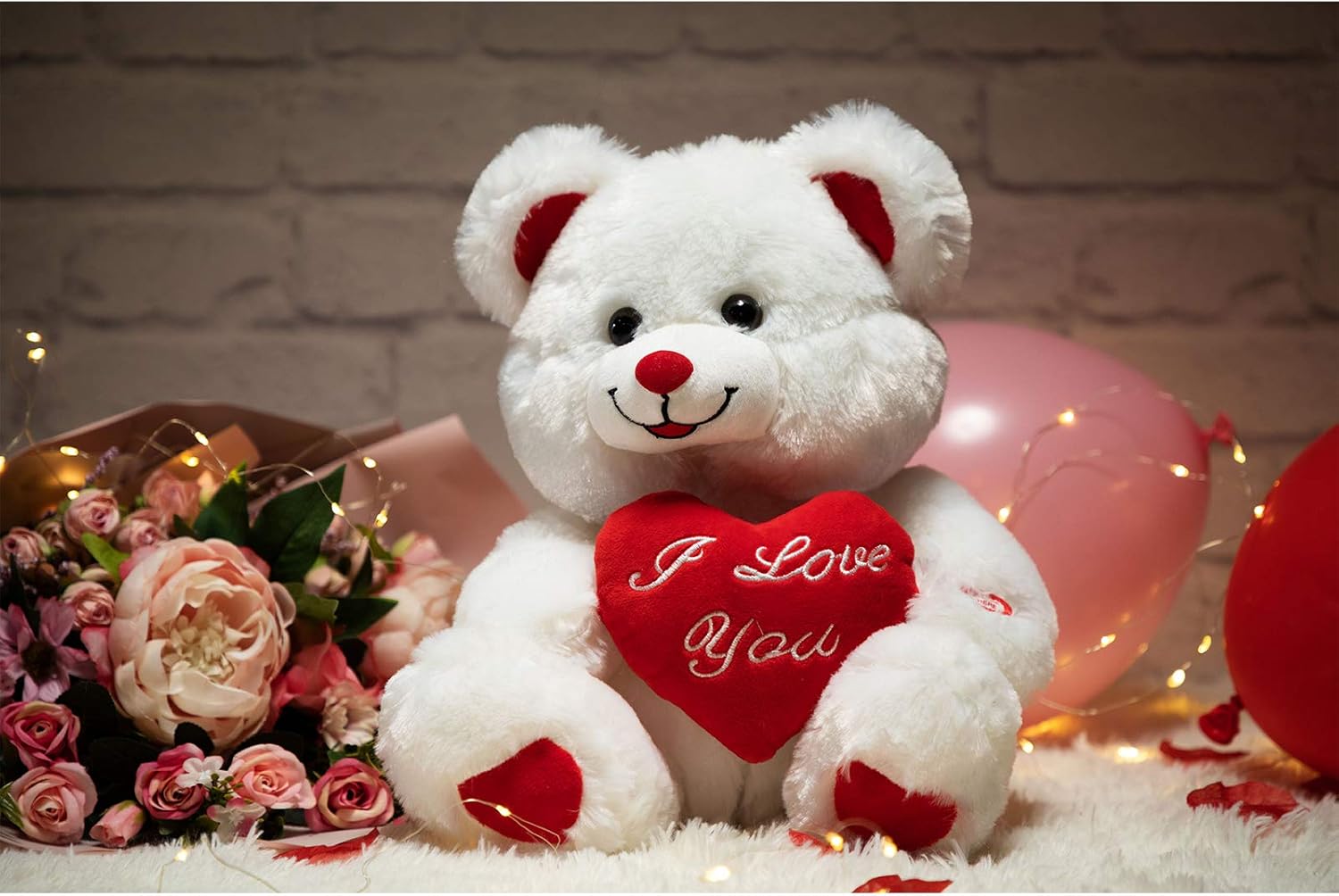 HollyHOME Teddy Bear with Pink Heart Plush Bear That Says I Love You and Blushes LED Stuffed Toys for Girlfriend and Kids Valentine's Day 13 inch White