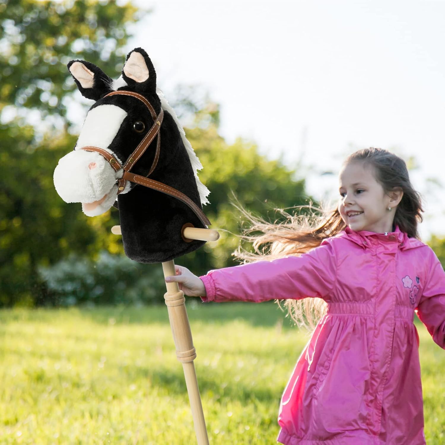 HollyHOME Stick Horse Plush Handcrafted Hobby Horse on a Stick with Wood Wheels Real Pony Neighing and Galloping Sounds for Kids Toddlers Beige 36 Inches(AA Batteries Required)