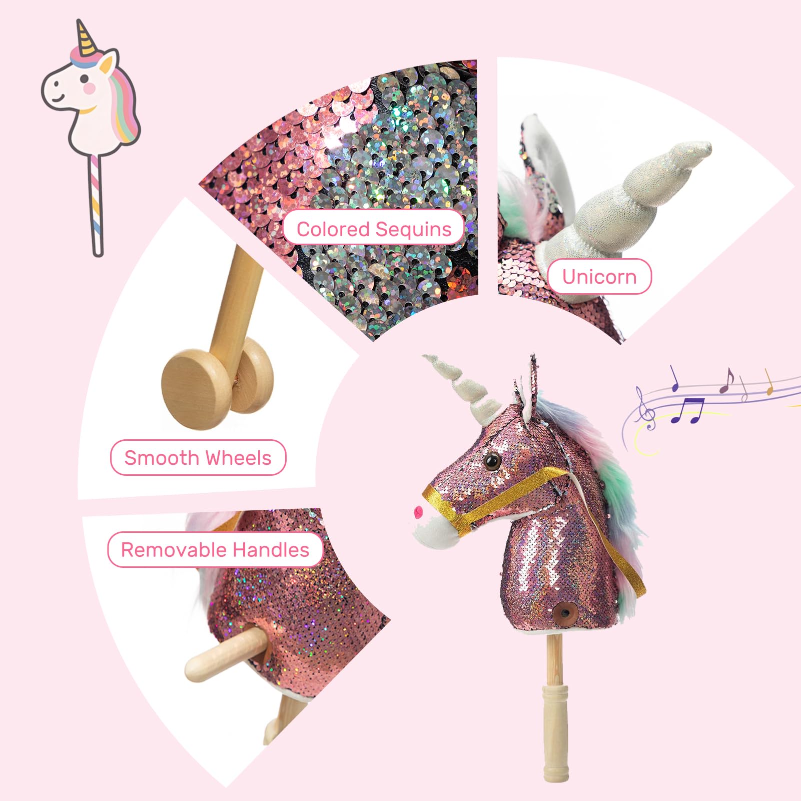 HollyHOME Unicorn Stick Horse with Wood Wheels Real Pony Neighing and Galloping Sounds Plush Unicorn Toy Pink with Rainbow Mane 36 Inches(AA Batteries Required)