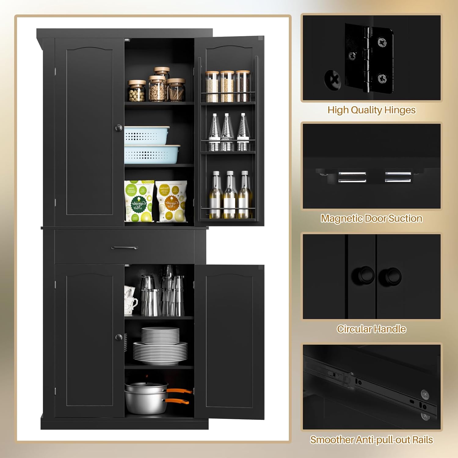 HollyHOME Kitchen Pantry Cabinet Black（4-Door）