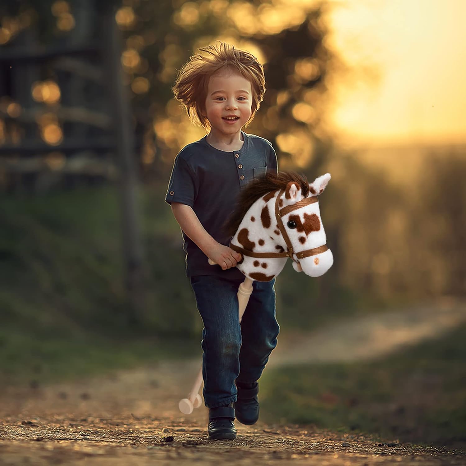 HollyHOME Stick Horse Plush with Detachable Blue Ribbon Champion Hobby Horse on Stick with Wood Wheels Real Pony Neighing and Galloping Sounds for Kids Toddlers Brown 36 Inches(AA Batteries Required)