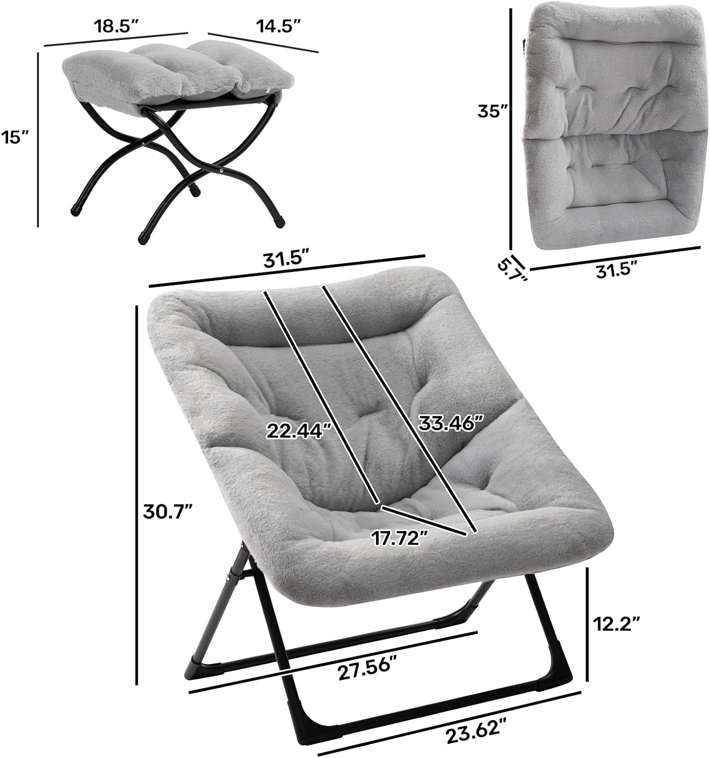 HollyHOME X-Large Saucer Chair with Foldable Ottoman, Comfy Oversized Folding Chair and Folding Footrest Stool Set, Faux-Fur Reading Chair and Footstool for Living Room, Bedroom, White Chair&Stool