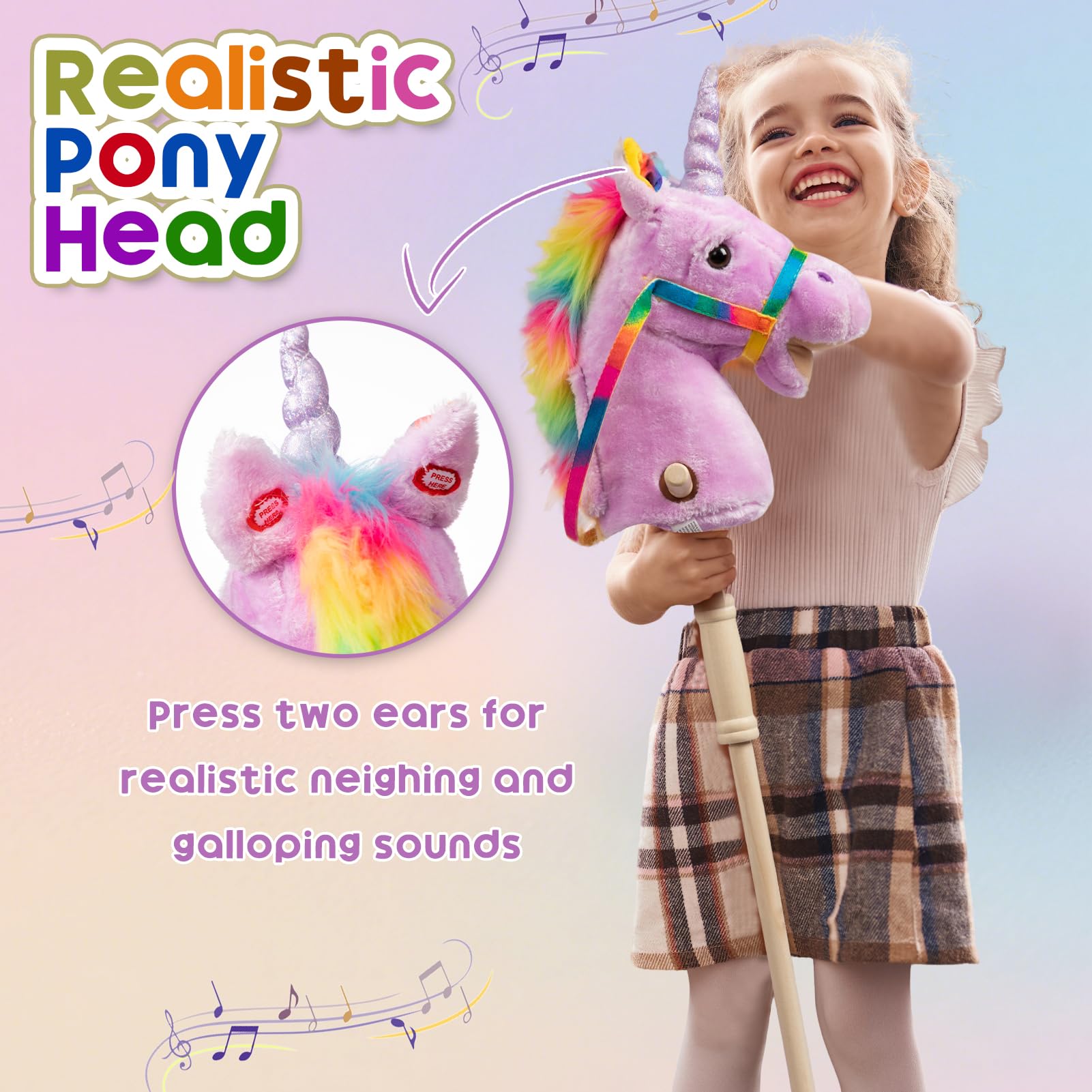 HollyHOME Unicorn Stick Horse with Wood Wheels Real Pony Neighing and Galloping Sounds Plush Unicorn Toy Pink with Rainbow Mane 36 Inches(AA Batteries Required)