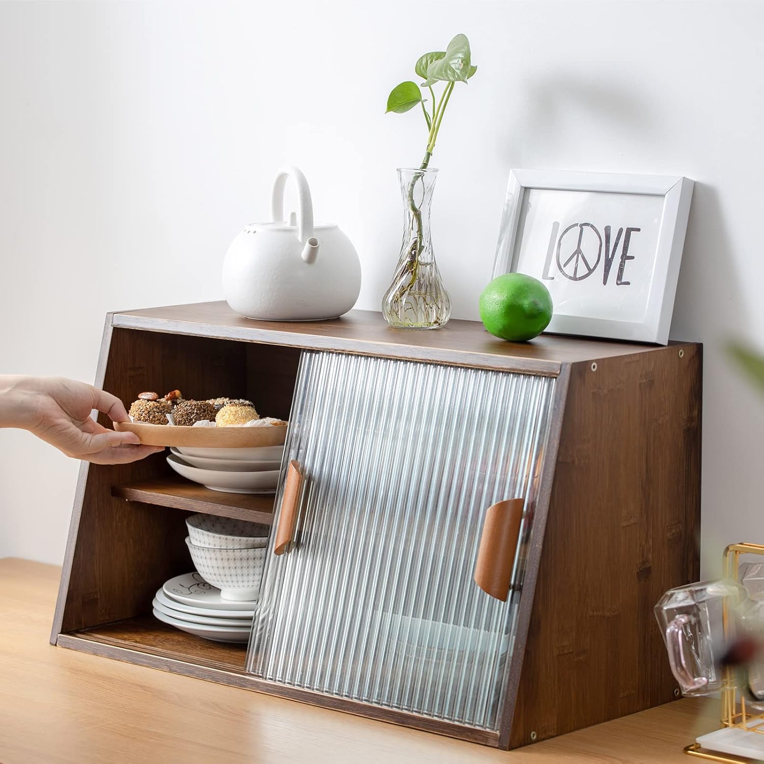 HollyHOME Small Bamboo Kitchen Pantry Sideboard with 2 Sliding Striped Glass Doors, Freestanding Countertop Storage Cabinet for Bottles, Dish, Bowl, Console Dining Cupboard, Walnut