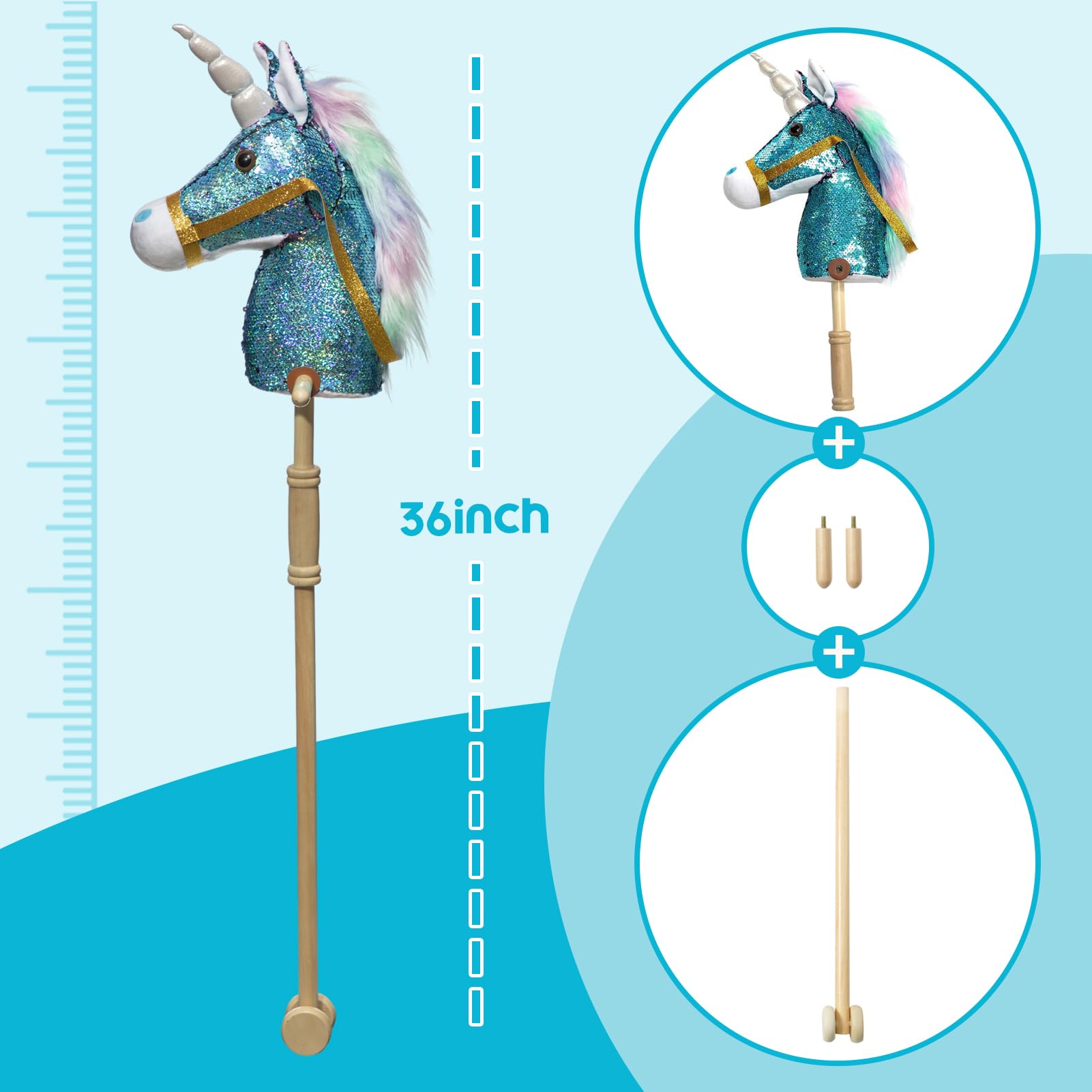 HollyHOME Unicorn Stick Horse with Wood Wheels Real Pony Neighing and Galloping Sounds Plush Unicorn Toy Pink with Rainbow Mane 36 Inches(AA Batteries Required)