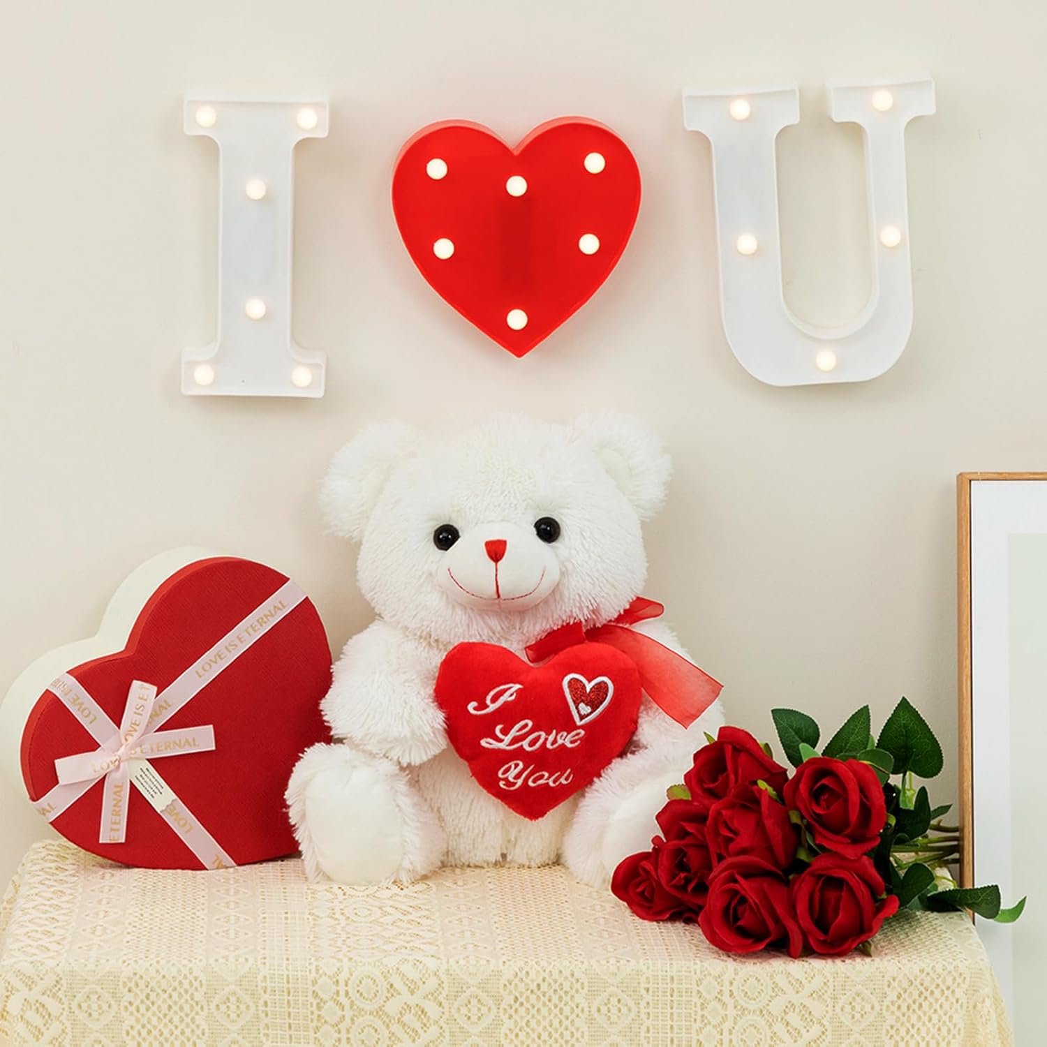 HollyHOME Teddy Bear Stuffed Animal Plush Bear with Red Bow Holding a Picture Frame Soft Plush Toy Christmas Valentine's Day Gift 12 Inches White