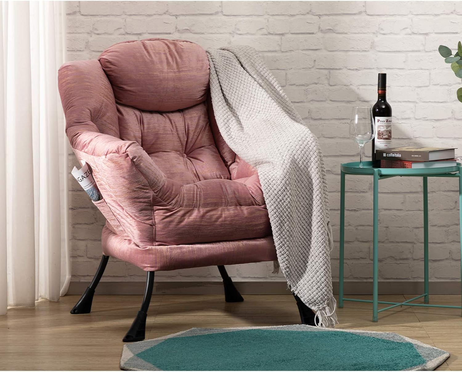 HollyHOME Modern Fabric Large Lazy Chair, Accent Oversized Comfy Reading Chair, Thick Padded Cozy Lounge Chair with Armrest, Leisure Sofa Chair for Living Room, Bedroom, Dorm, Gilding Pink