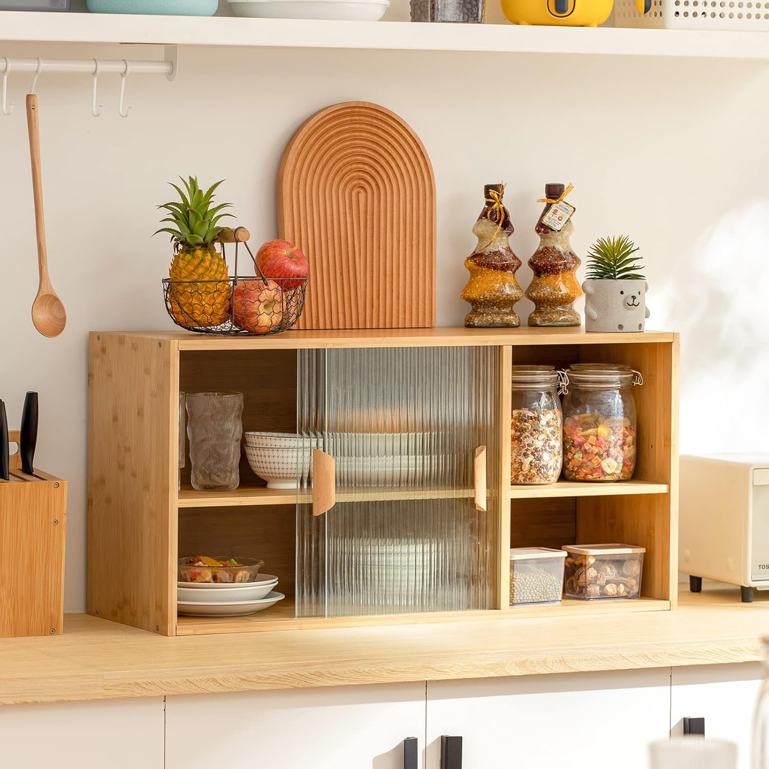 HollyHOME Small Bamboo Kitchen Pantry Sideboard with 2 Sliding Striped Glass Doors, Freestanding Countertop Storage Cabinet for Bottles, Dish, Bowl, Console Dining Cupboard, Walnut