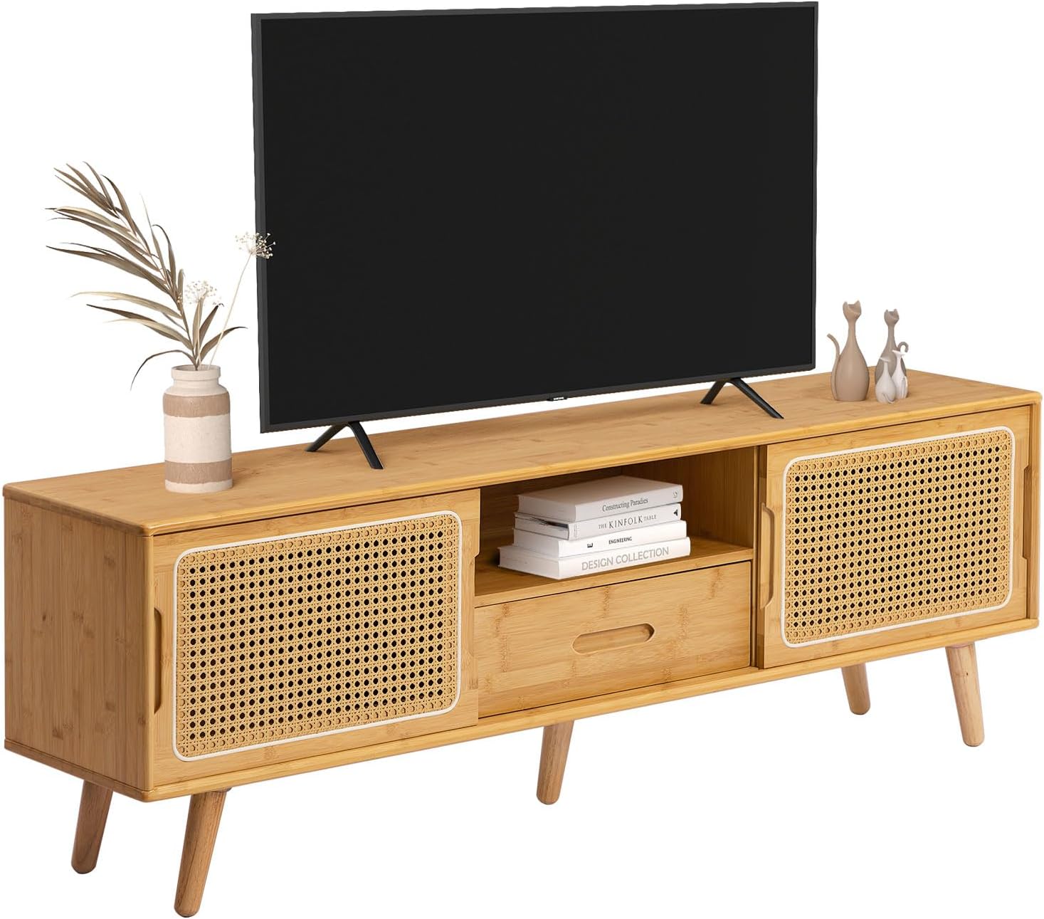 HollyHOME Bamboo TV Stand(Rattan and Drawer)