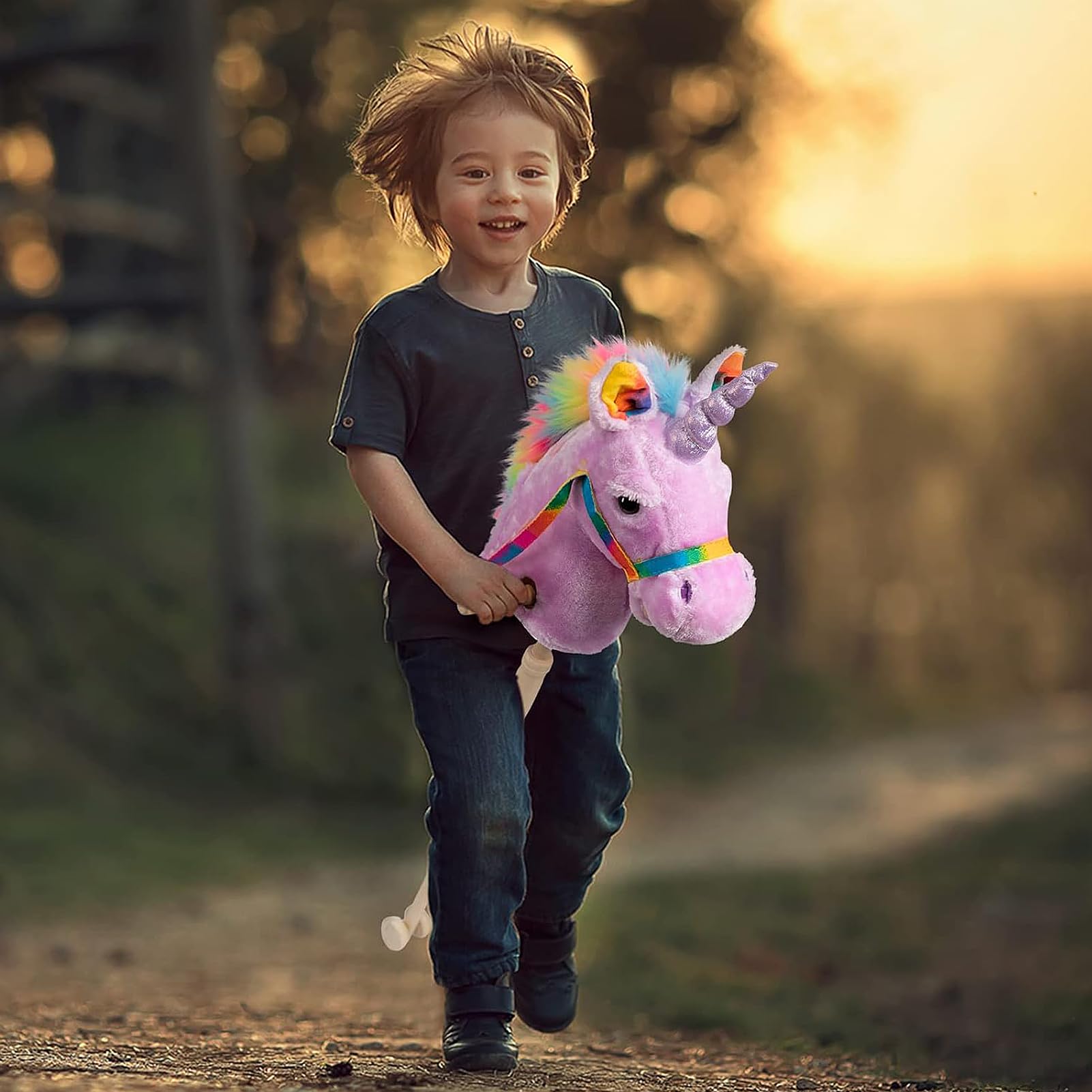 HollyHOME Unicorn Stick Horse with Wood Wheels Real Pony Neighing and Galloping Sounds Plush Unicorn Toy Pink with Rainbow Mane 36 Inches(AA Batteries Required)