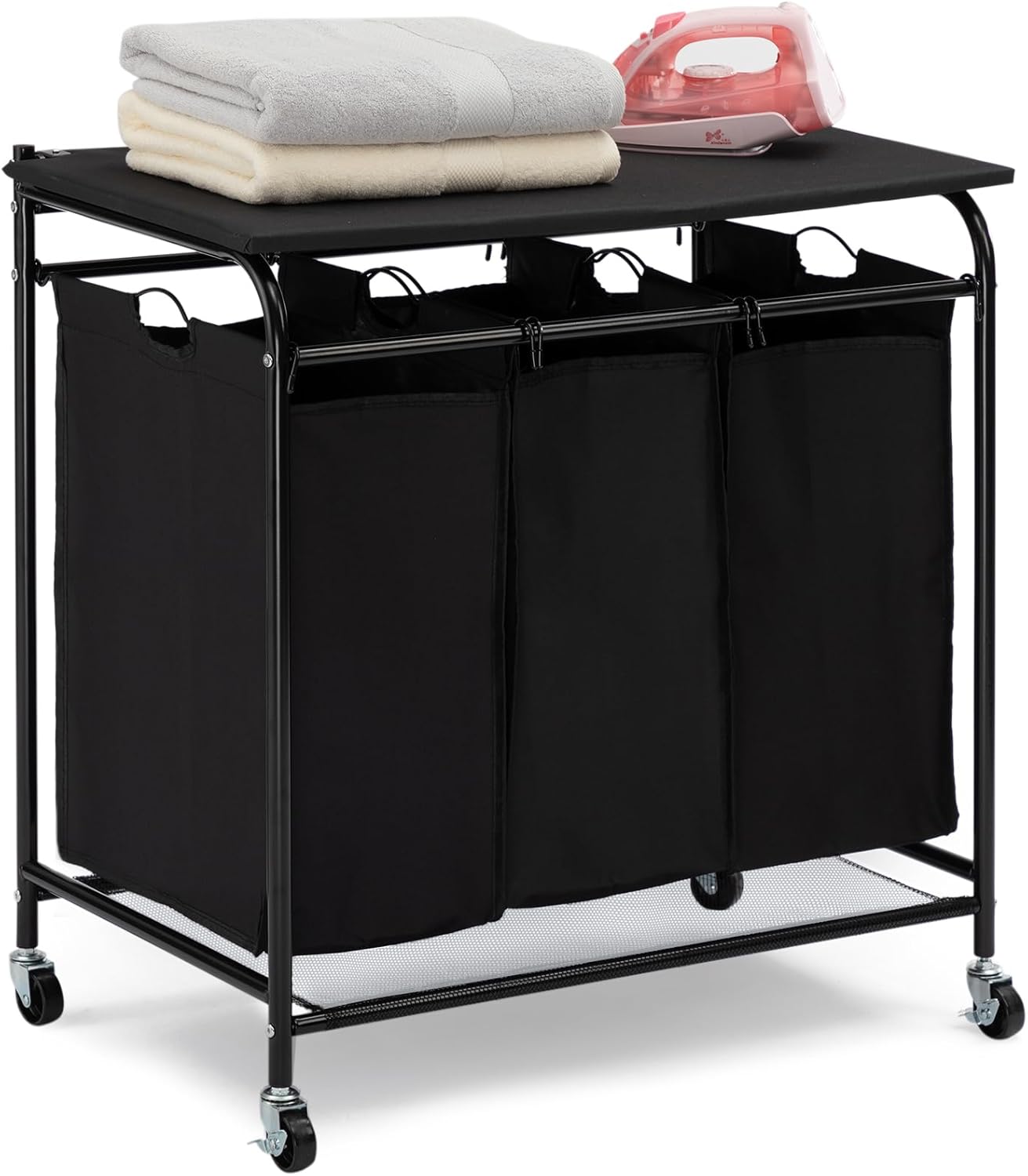 HollyHOME Rectangular Laundry Sorter with Folding Ironing Board, 3-Section Laundry Basket Sorter with Lockable Wheels for Laundry Bedroom Bathroom Living Room Black