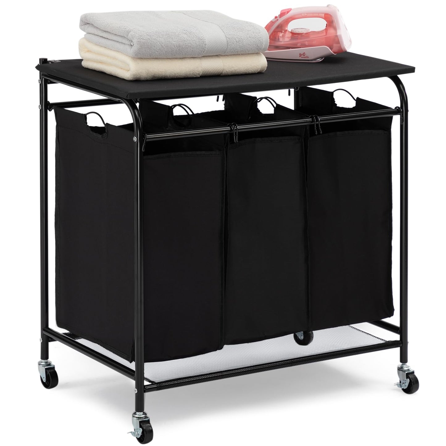 HollyHOME Rectangular Laundry Sorter with Folding Ironing Board, 3-Section Laundry Basket Sorter with Lockable Wheels for Laundry Bedroom Bathroom Living Room Black