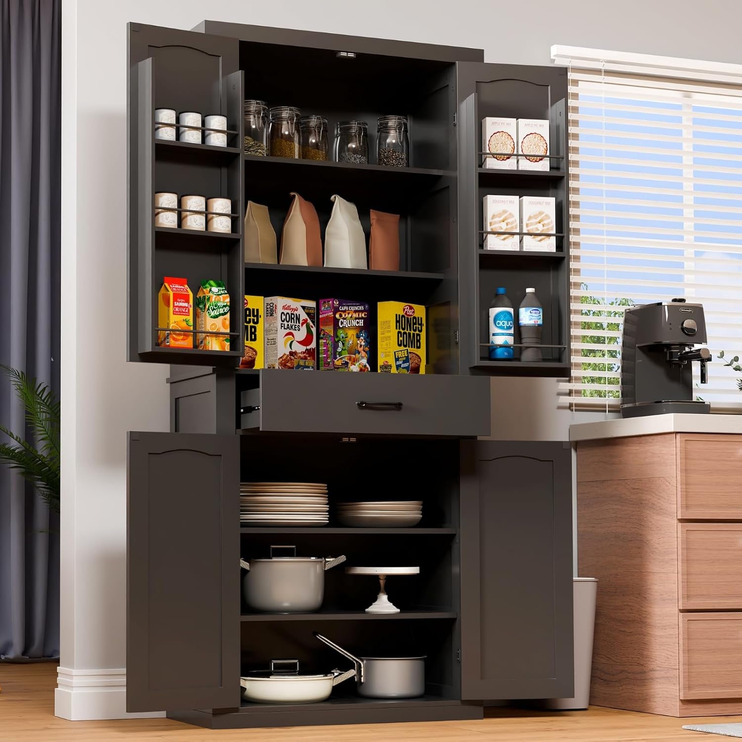 HollyHOME Kitchen Pantry Cabinet Black（4-Door）