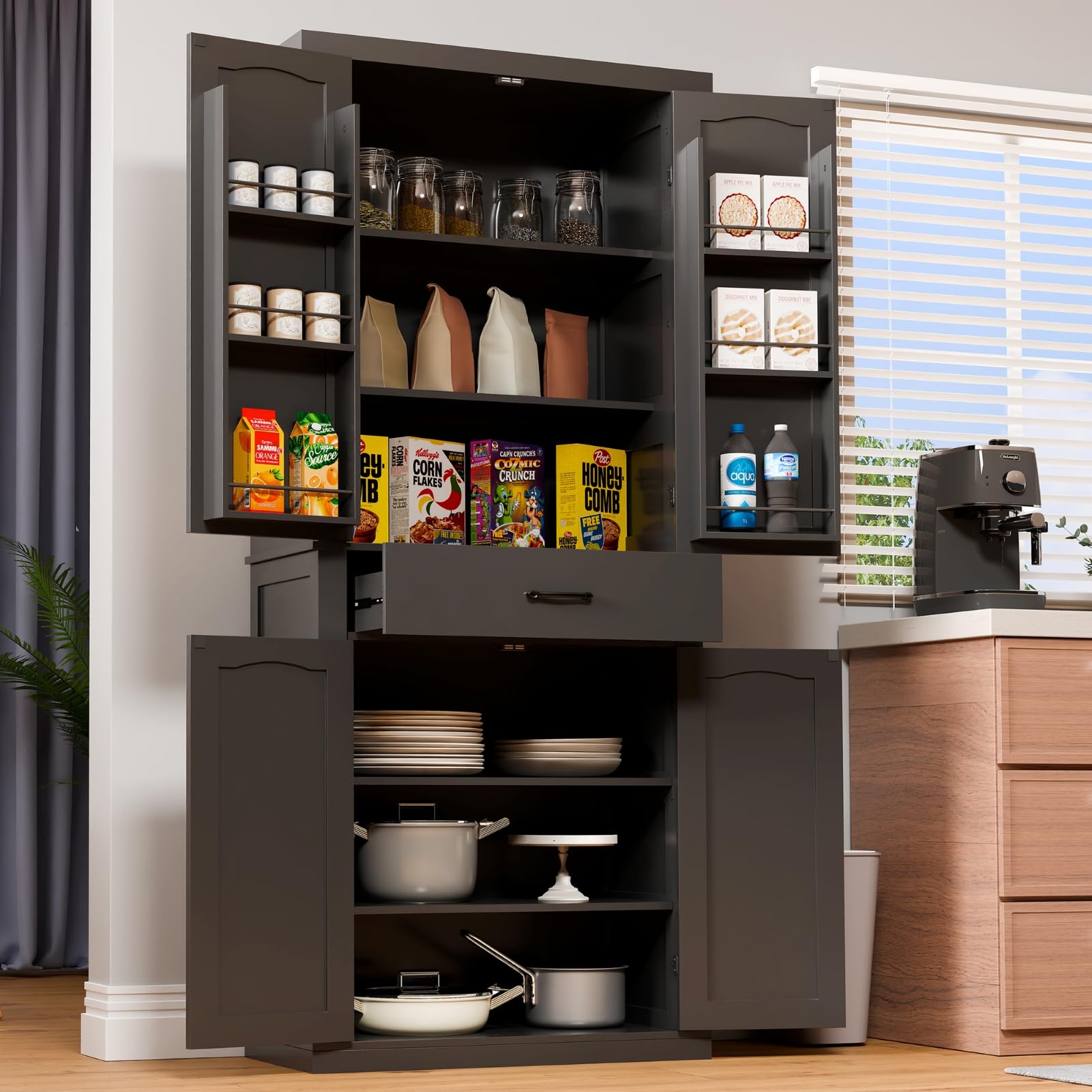 HollyHOME Kitchen Pantry Cabinet Black（4-Door）