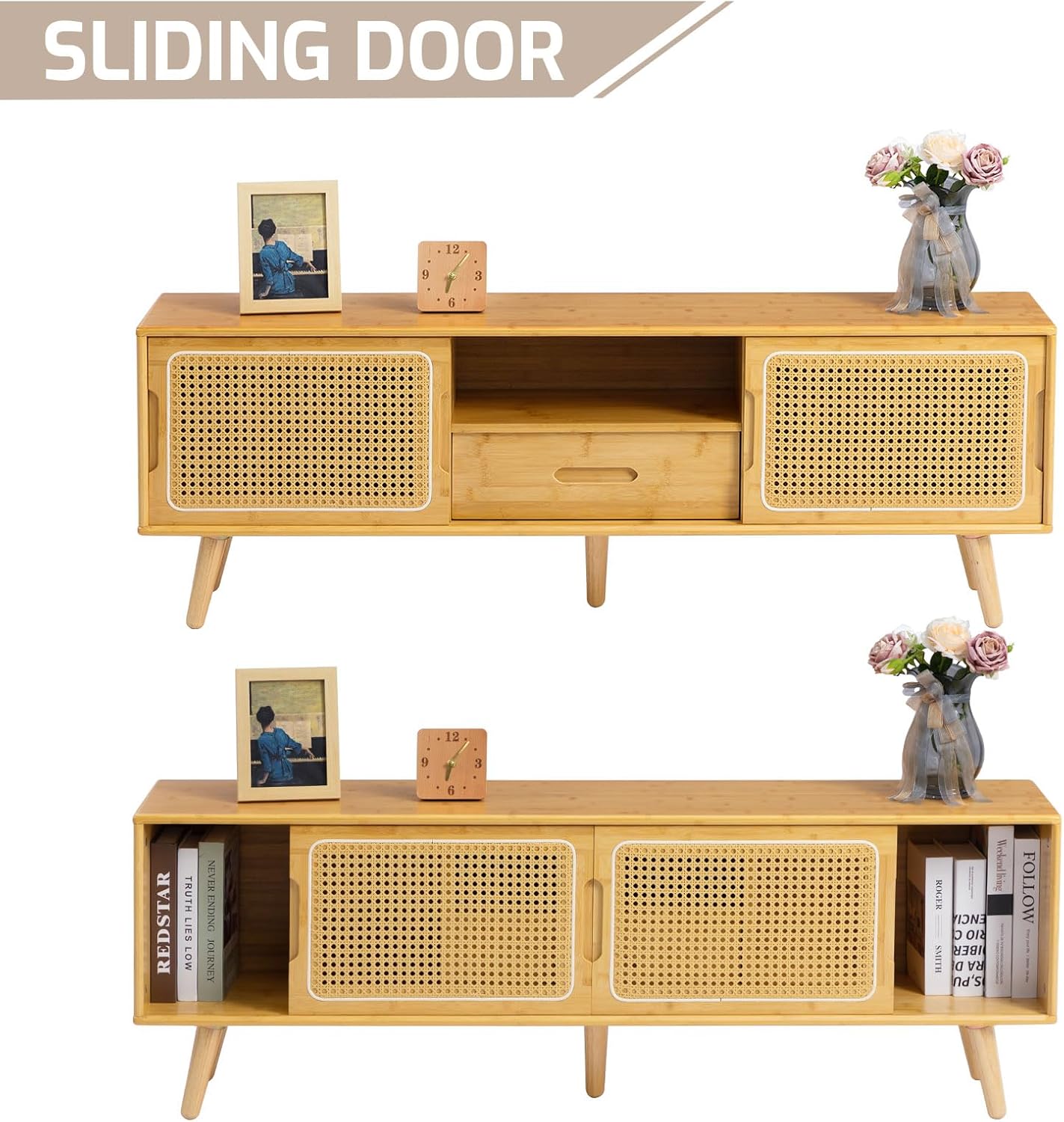 HollyHOME Bamboo TV Stand(Rattan and Drawer)