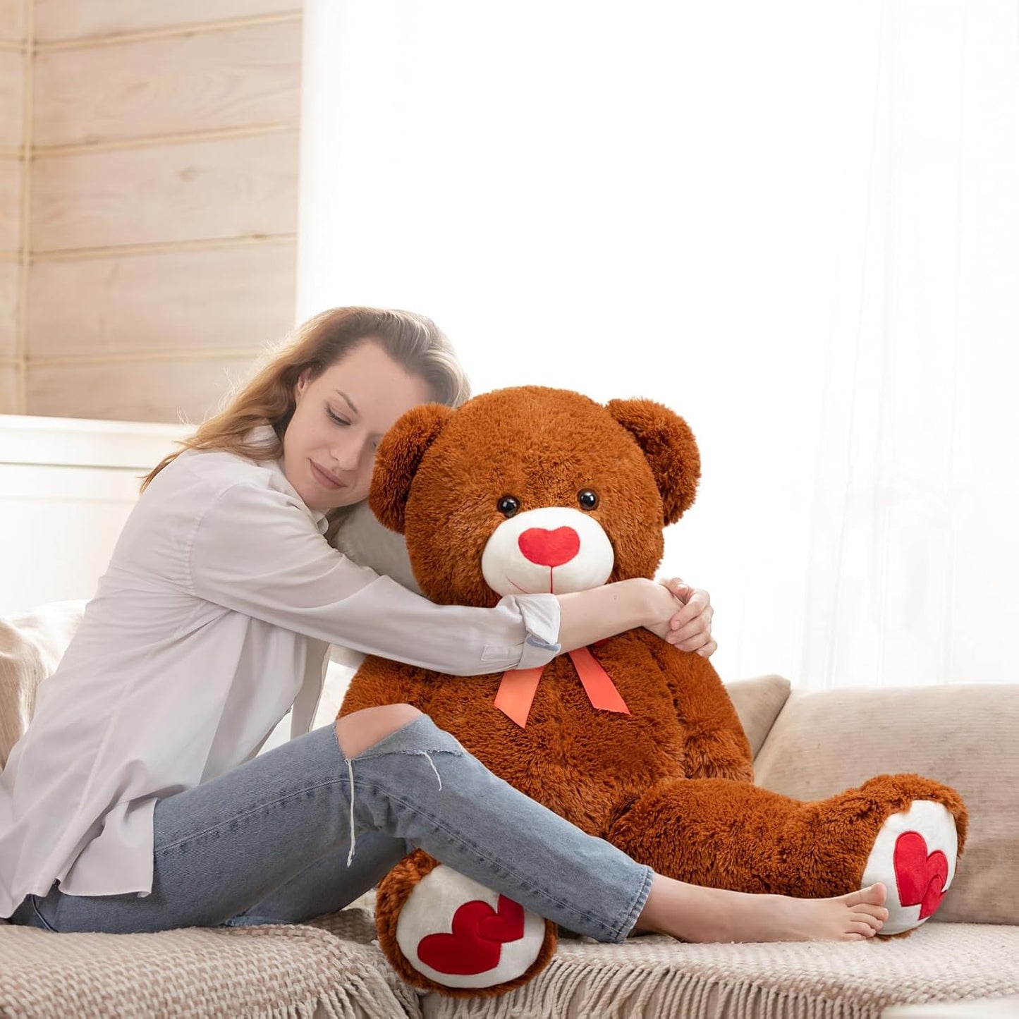 HollyHOME Big Teddy Bear Stuffed Animal Large Bear Plush with Red Heart for Girlfriend and Kids Valentine's Day 36 inch Beige