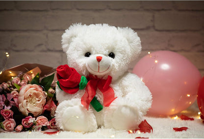 HollyHOME Teddy Bear Stuffed Animal Rose Bear with Red Bow Soft Plush Toy Holiday Valentine's Day Gift 12 Inches White