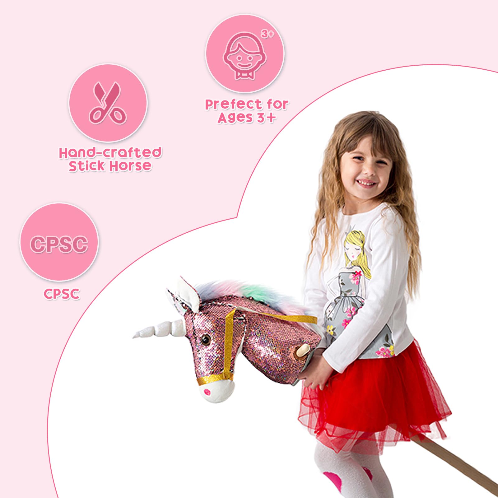 HollyHOME Unicorn Stick Horse with Wood Wheels Real Pony Neighing and Galloping Sounds Plush Unicorn Toy Pink with Rainbow Mane 36 Inches(AA Batteries Required)
