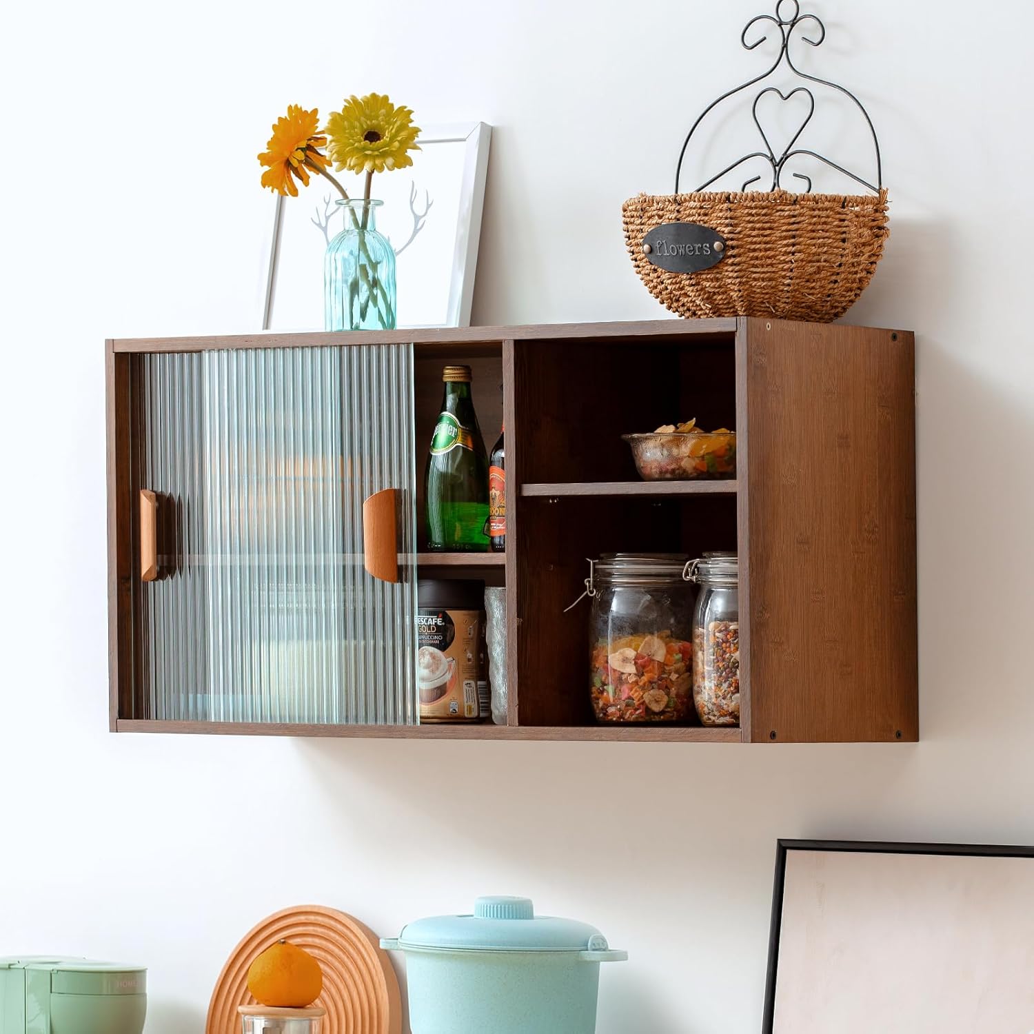 HollyHOME Small Bamboo Kitchen Pantry Sideboard with 2 Sliding Striped Glass Doors, Freestanding Countertop Storage Cabinet for Bottles, Dish, Bowl, Console Dining Cupboard, Walnut