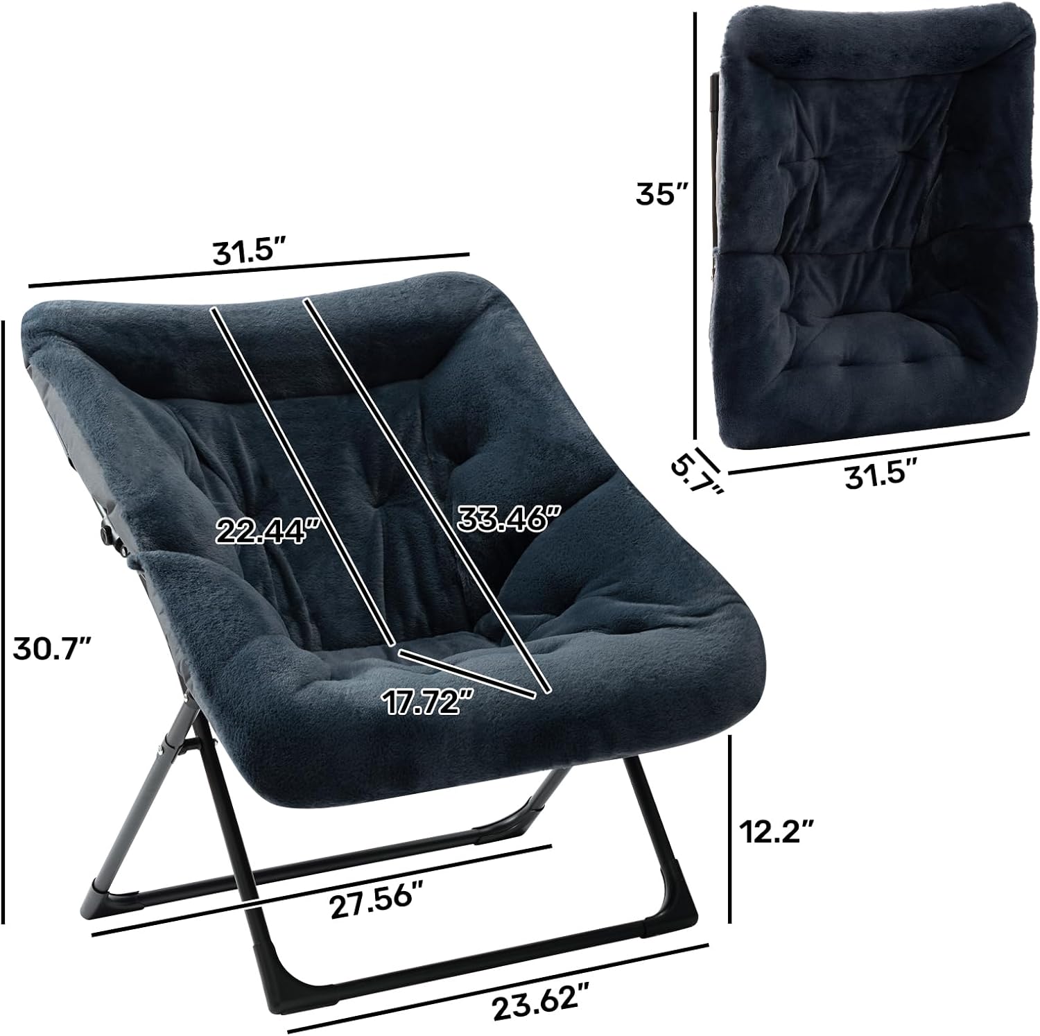 HollyHOME X-Large Saucer Chair with Foldable Ottoman, Comfy Oversized Folding Chair and Folding Footrest Stool Set, Faux-Fur Reading Chair and Footstool for Living Room, Navy Blue Chair&Stool