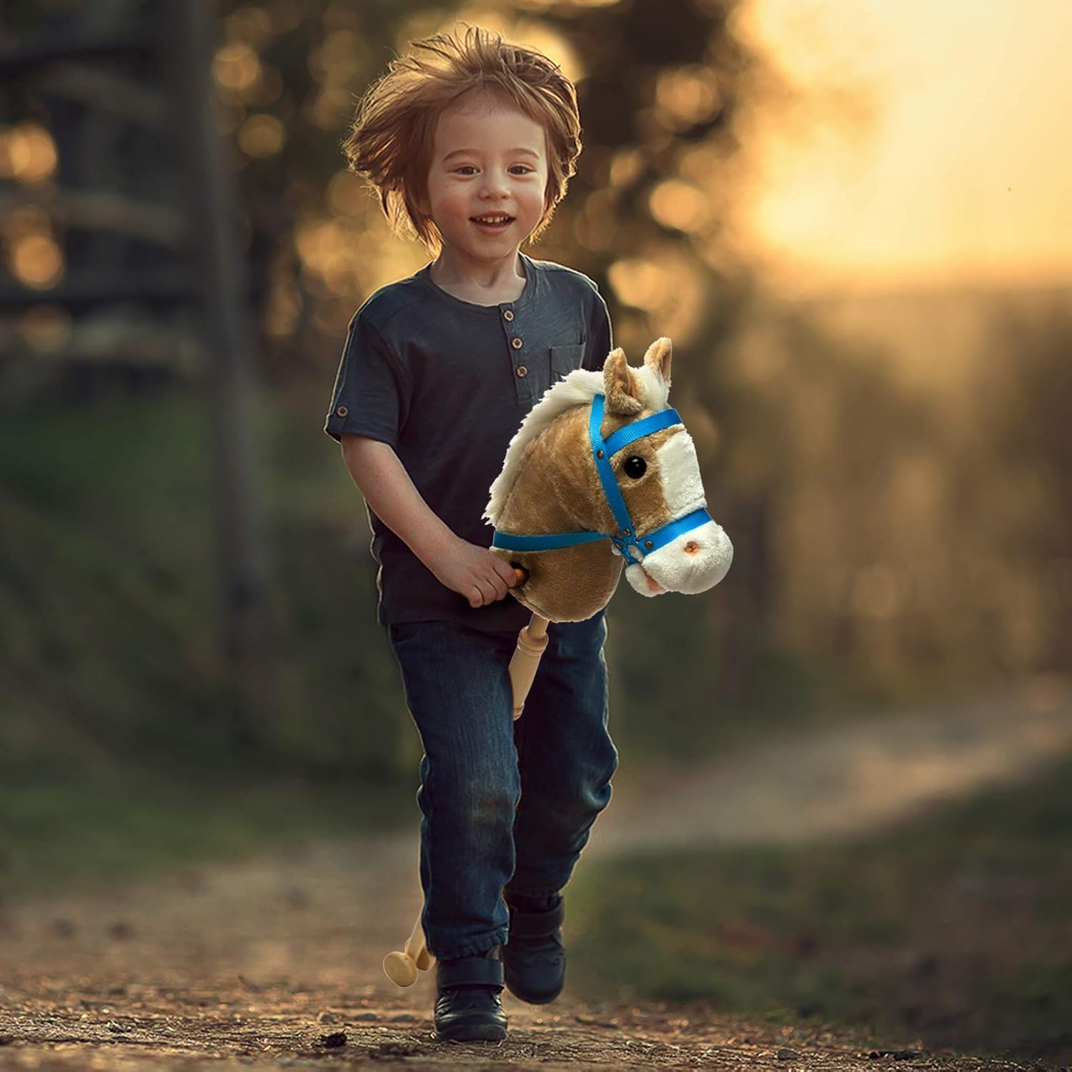 HollyHOME Stick Horse Plush Handcrafted Hobby Horse on a Stick with Wood Wheels Real Pony Neighing and Galloping Sounds for Kids Toddlers Beige 36 Inches(AA Batteries Required)