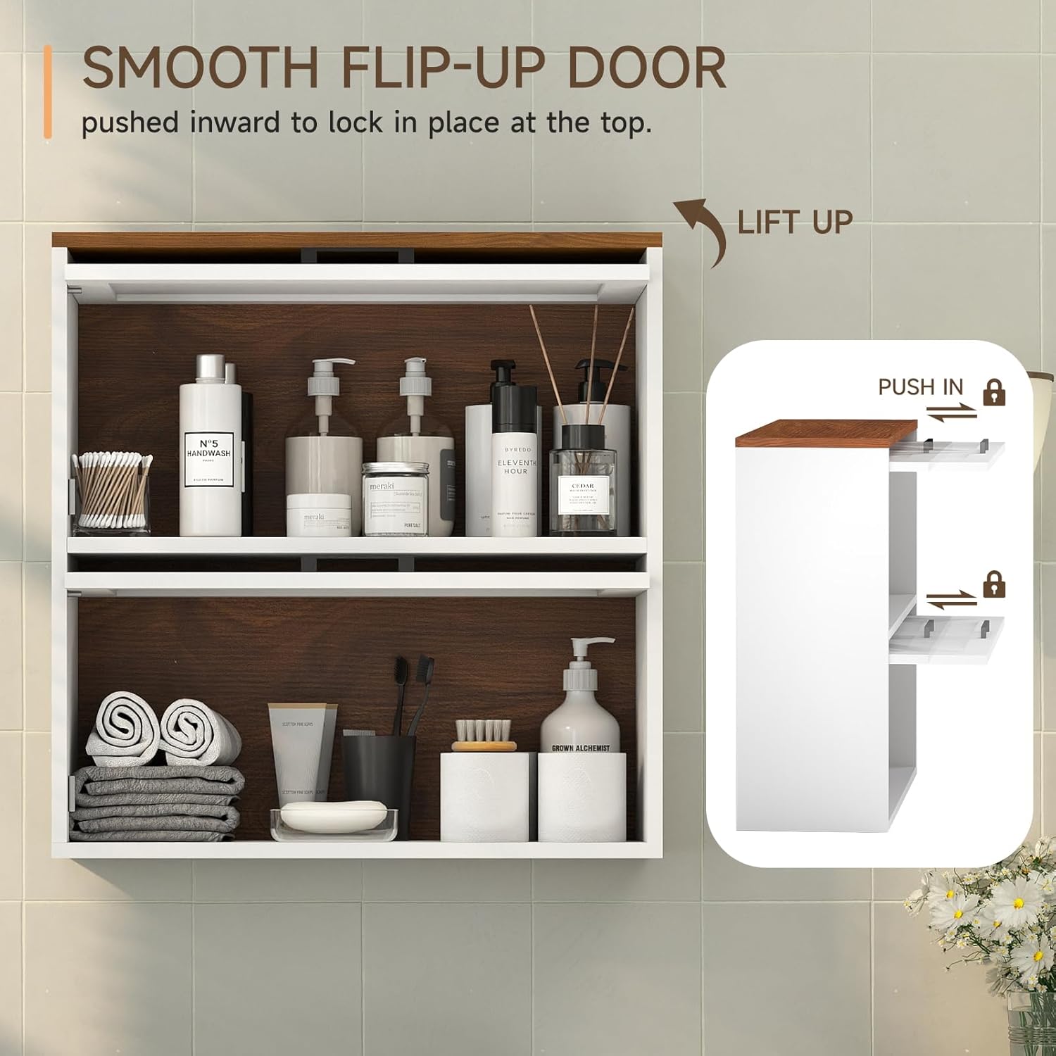 HollyHOME Farmhouse Wall Wood Medicine Cabinet for Bathroom, Kitchen, Living Room, White & Walnut Finish