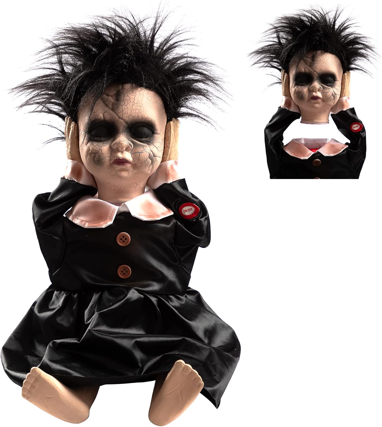 HollyHOME Halloween Decorations Creepy Animated Haunted Doll Prop with Moving Head Gift for Halloween Black