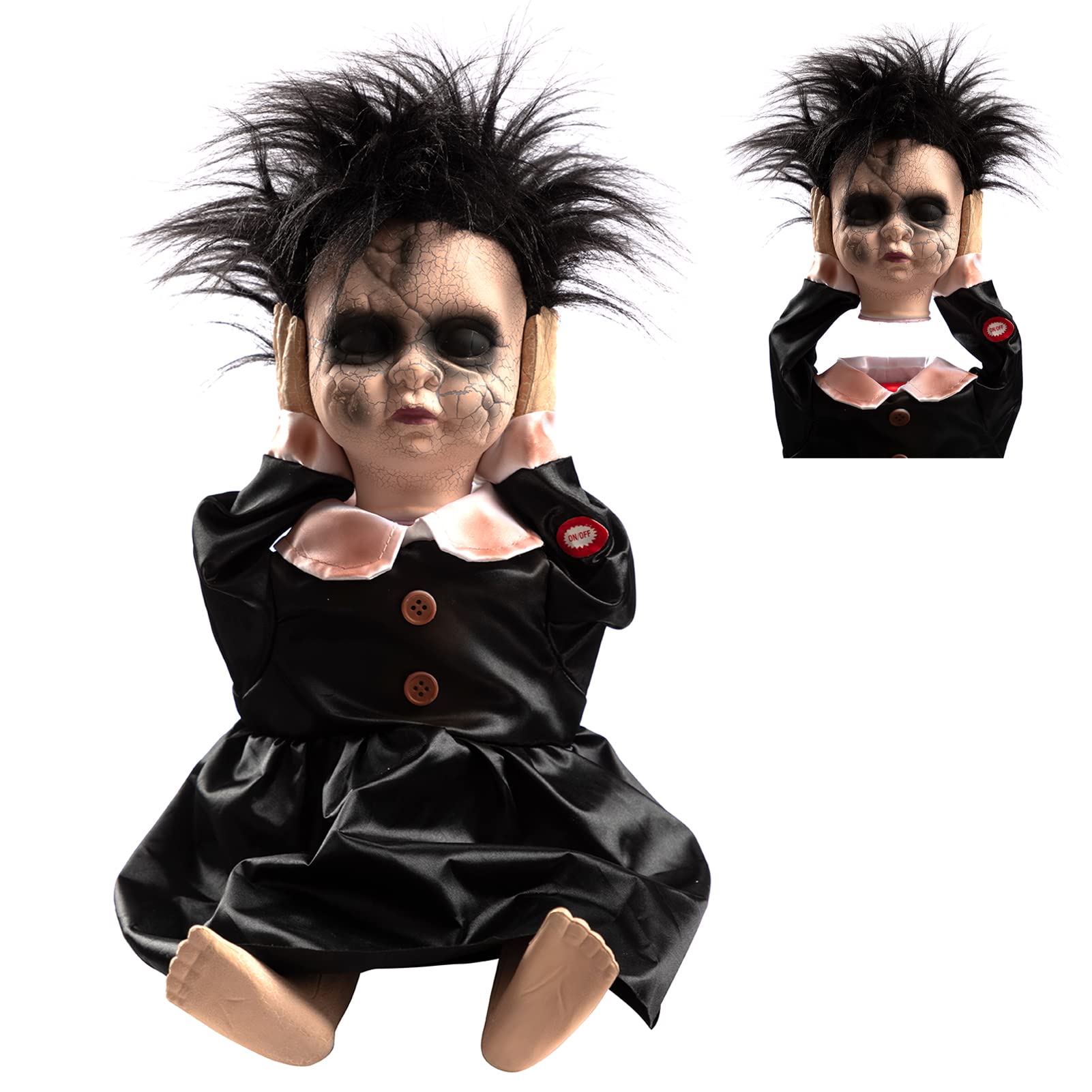 HollyHOME Halloween Decorations Creepy Animated Haunted Doll Prop with Moving Head Gift for Halloween Black