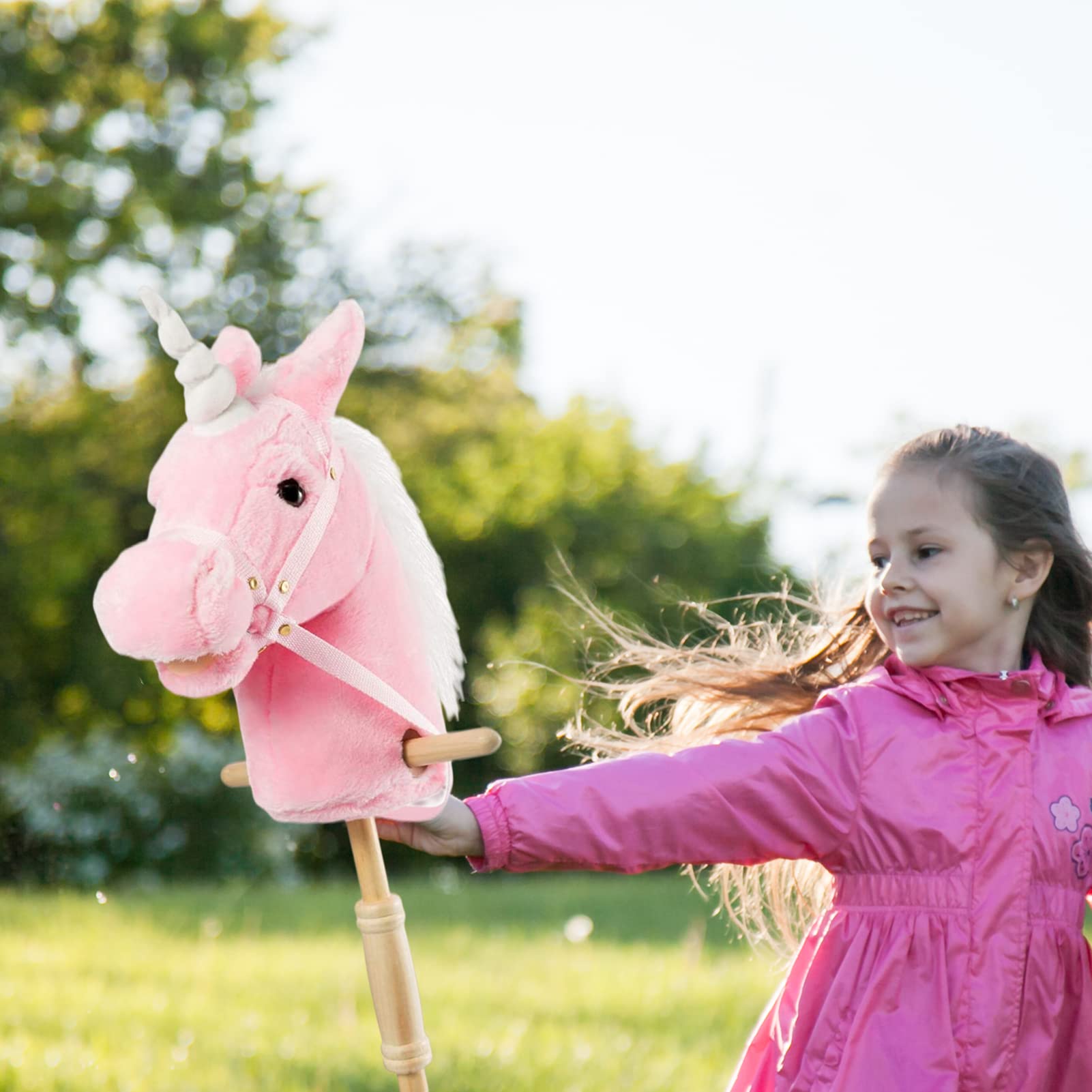 HollyHOME Unicorn Stick Horse with Wood Wheels Real Pony Neighing and Galloping Sounds Plush Unicorn Toy Pink with Rainbow Mane 36 Inches(AA Batteries Required)