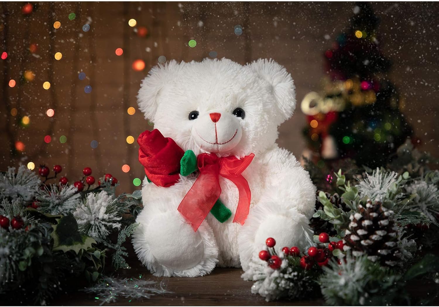 HollyHOME Teddy Bear Stuffed Animal Rose Bear with Red Bow Soft Plush Toy Holiday Valentine's Day Gift 12 Inches White