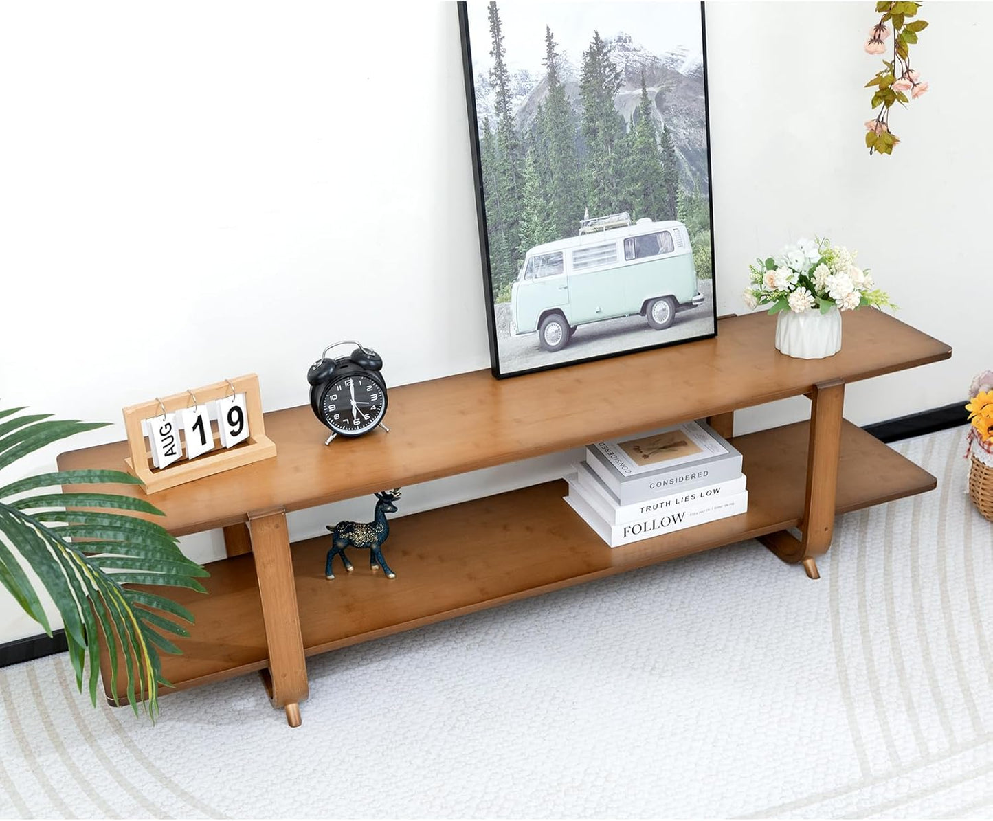 HollyHOME Bamboo TV Stand with Storage for TVs up to 65'', Modern Entertainment Center with 2 Open Shelf, Accent TV Media Console Table for Living Room, Bedroom, 55"(L), Walnut