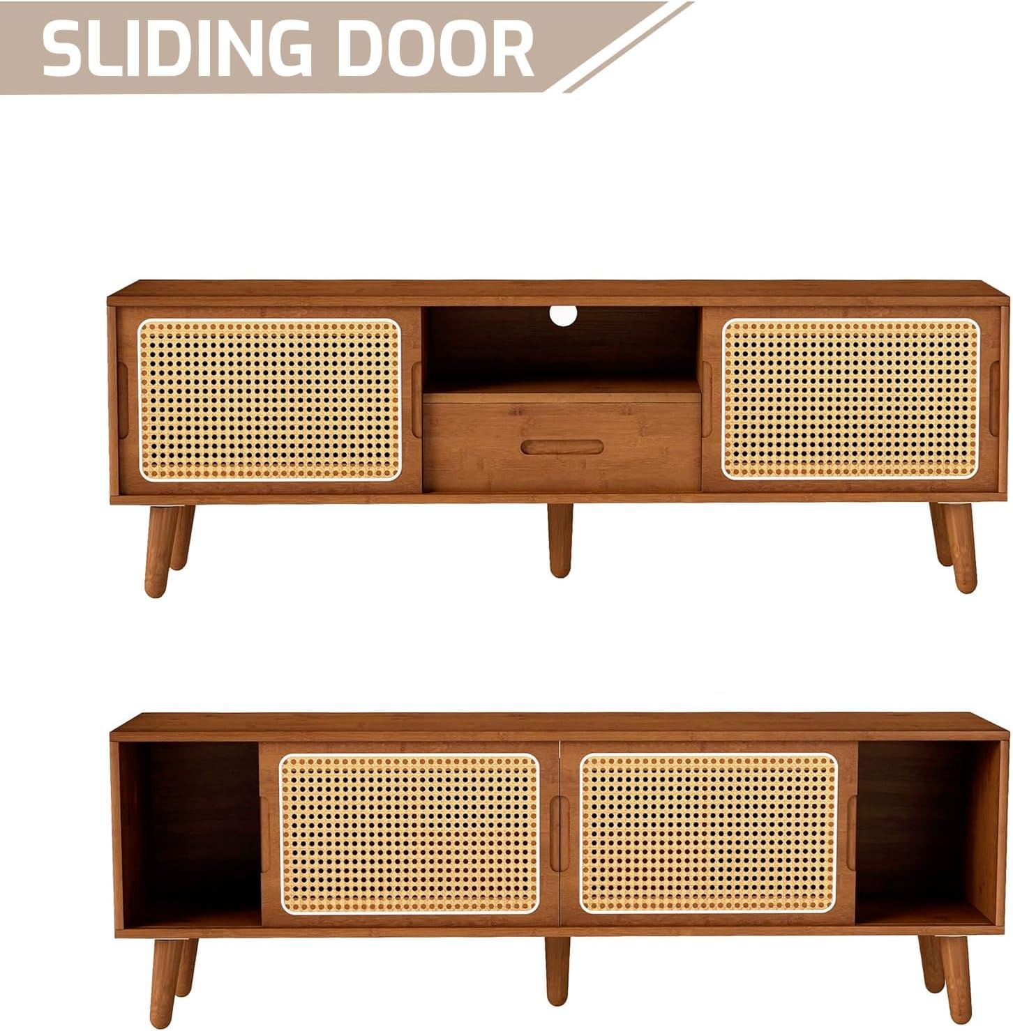 HollyHOME Bamboo TV Stand(Walnut Rattan and Drawer)