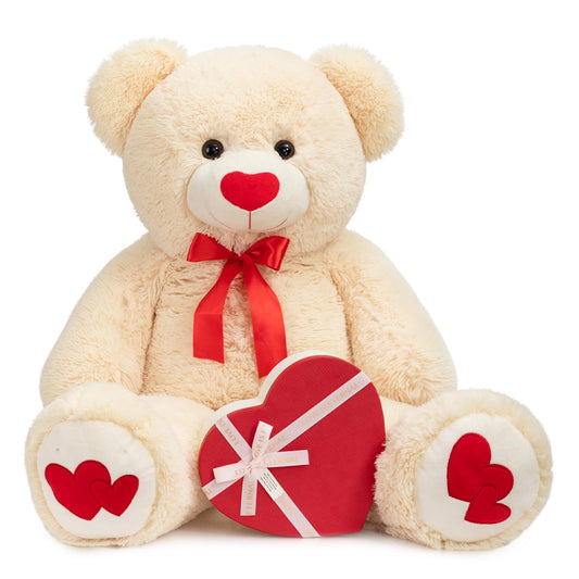 HollyHOME Big Teddy Bear Stuffed Animal Large Bear Plush with Red Heart for Girlfriend and Kids Valentine's Day 36 inch Beige