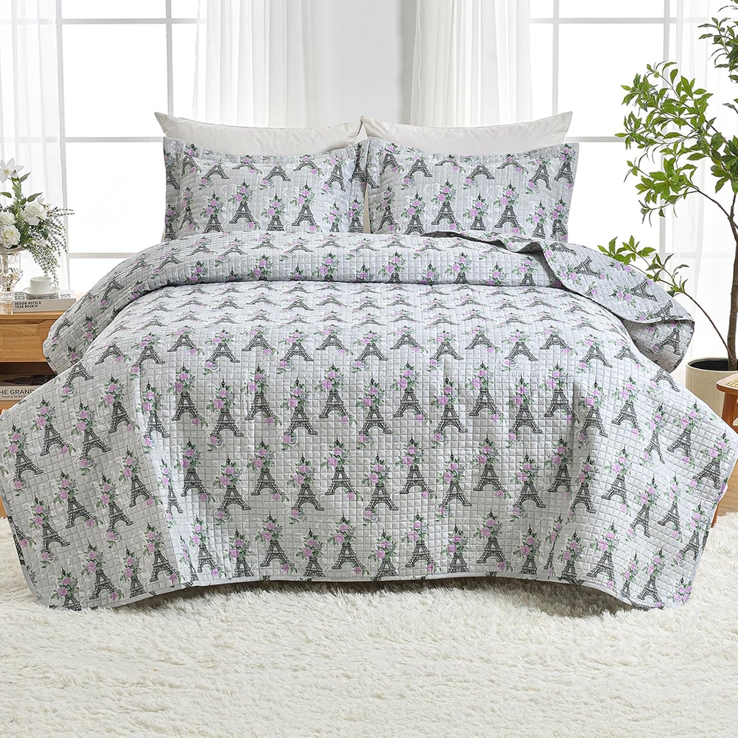 HollyHOME 3 Pieces King Size Quilt Sets with Teal and Gray Leaves Design Bedspread Bed Cover, Includes 1 Quilt, 2 Pillow Shams (King, 102"x96")