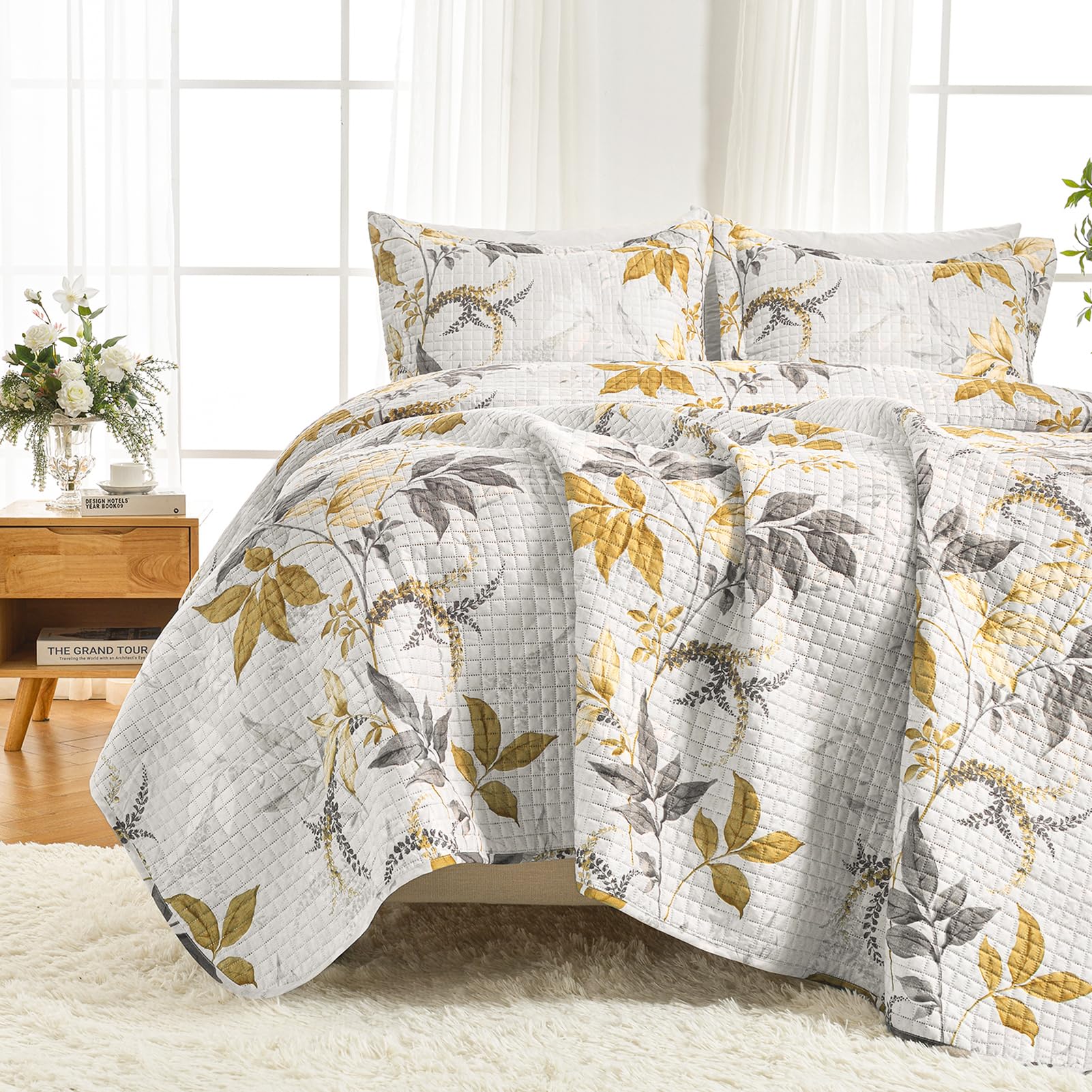 HollyHOME Full/Queen Quilt Set, 3 Pieces Quilt Set Full/Queen Size, Coverlet Yellow and Grey Leaf Printed Lightweight and Soft All Season Bedding Set with Quilt, Pillow Shams, Yellow Grey Leaf