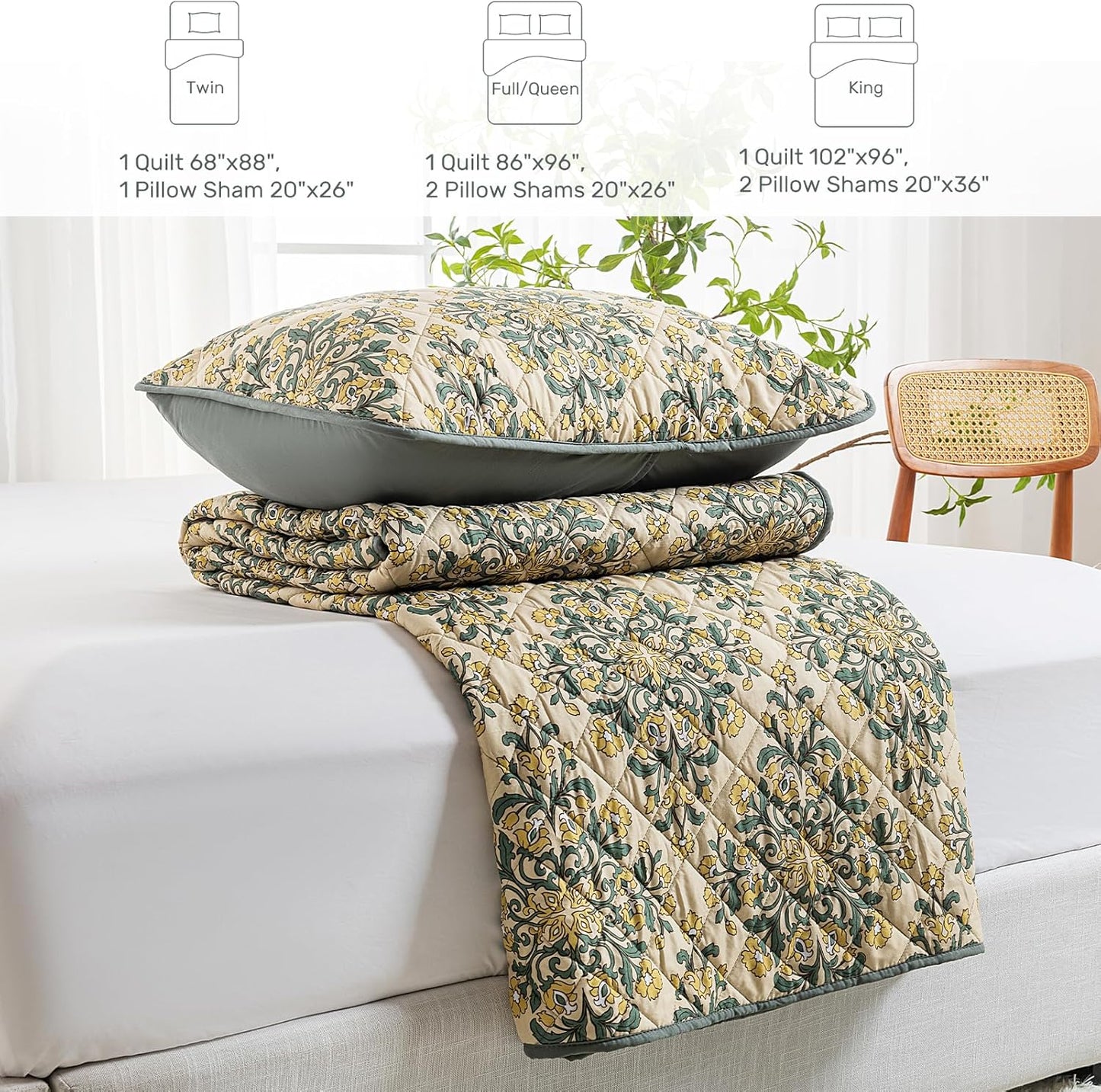 HollyHOME 3 Pieces King Size Quilt Sets with Teal and Gray Leaves Design Bedspread Bed Cover, Includes 1 Quilt, 2 Pillow Shams (King, 102"x96")