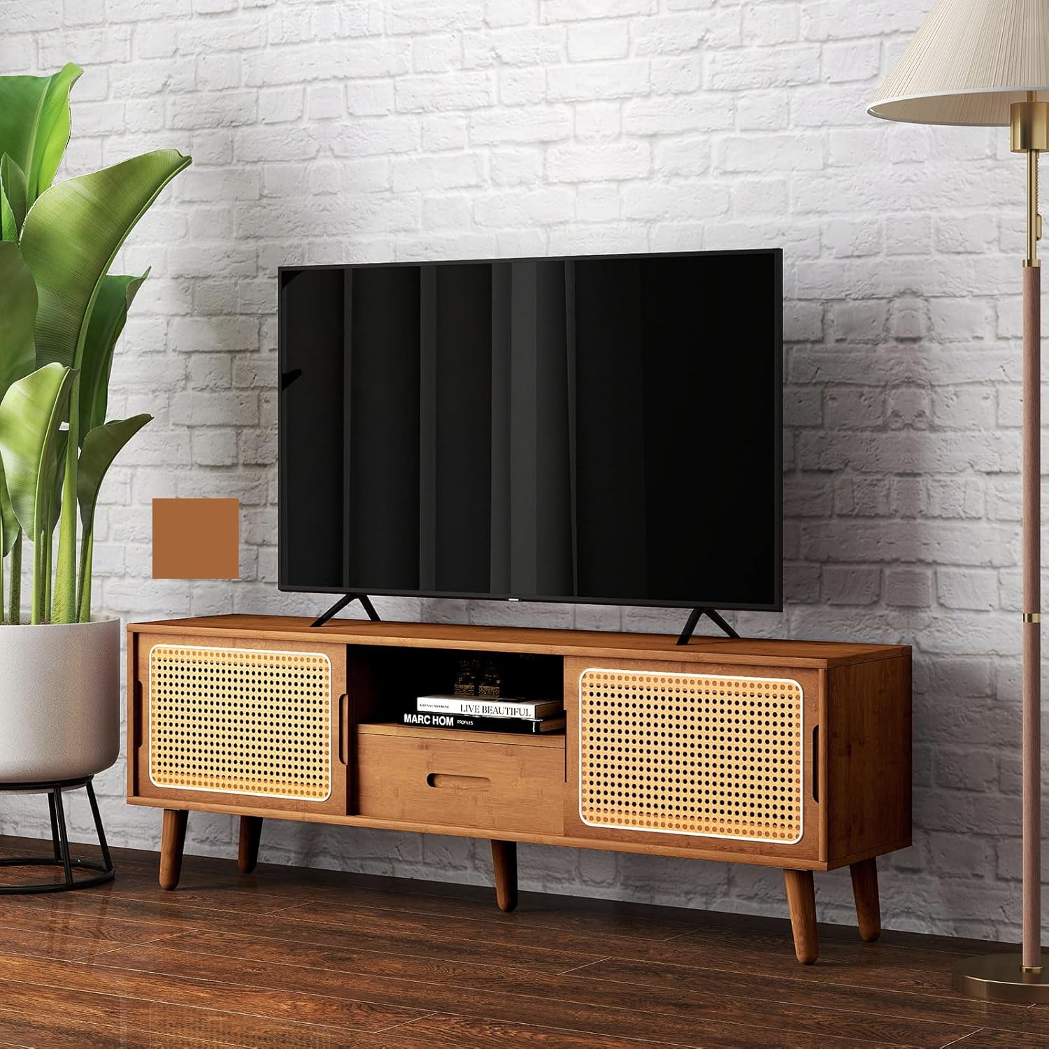 HollyHOME Bamboo TV Stand(Walnut Rattan and Drawer)