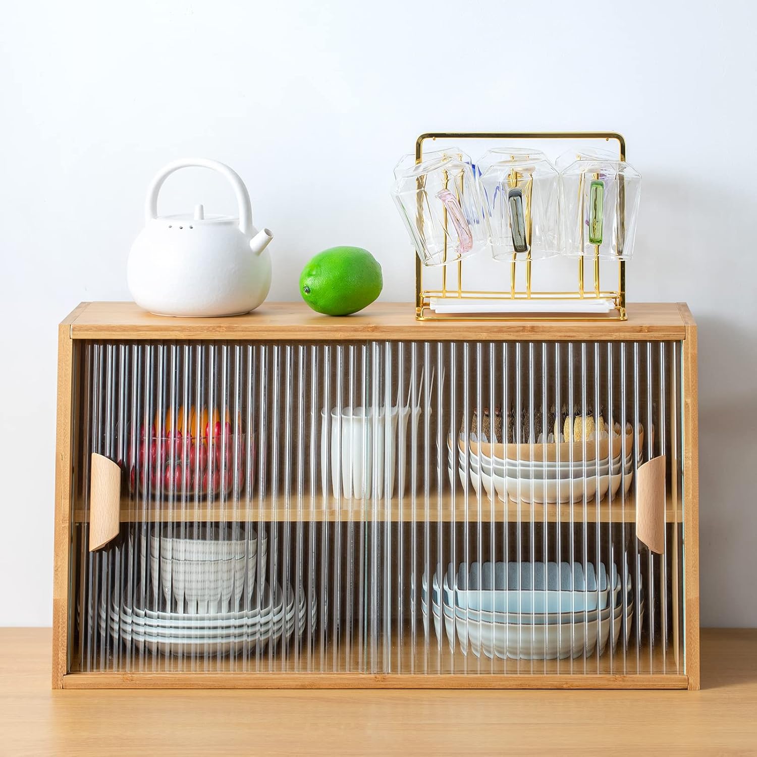 HollyHOME Bamboo Wall Mounted Kitchen Pantry Sideboard Burlywood 2 Doors