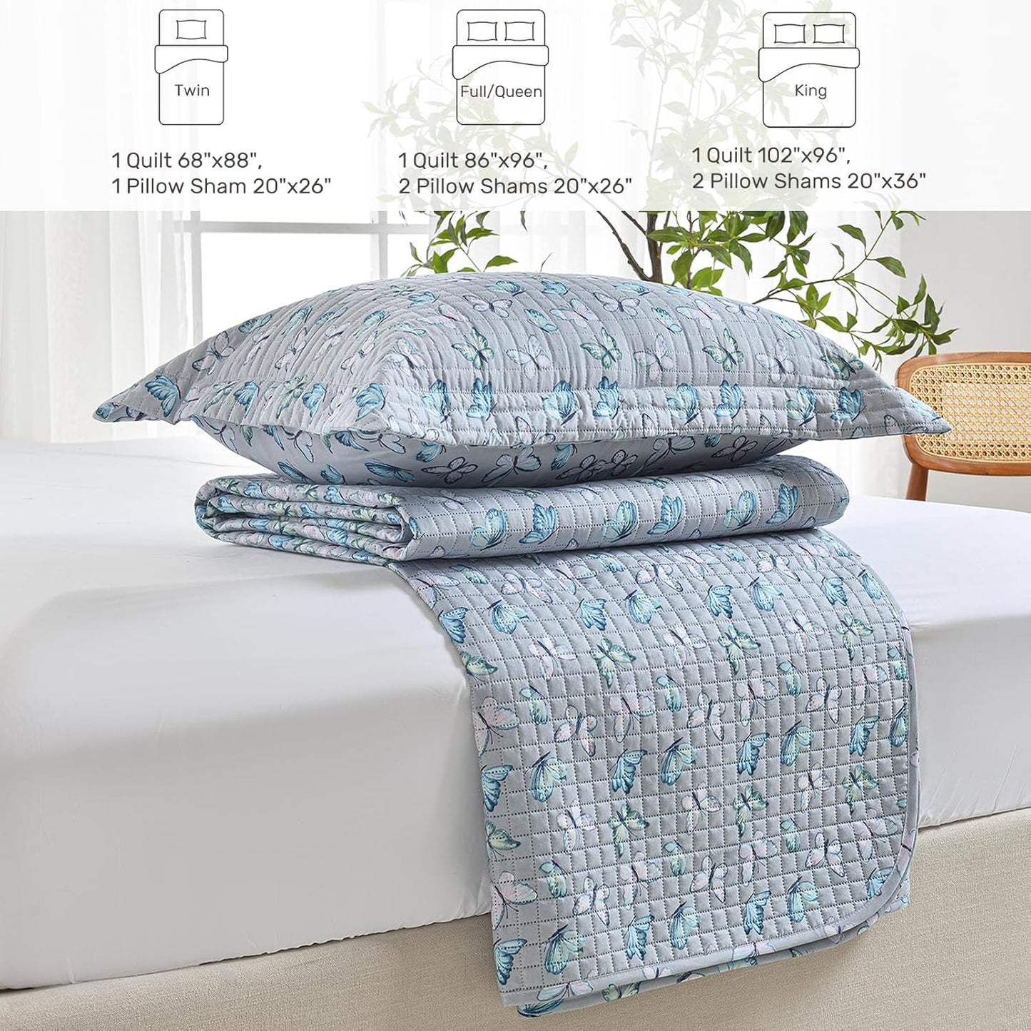 HollyHOME 3 Pieces King Size Quilt Sets with Teal and Gray Leaves Design Bedspread Bed Cover, Includes 1 Quilt, 2 Pillow Shams (King, 102"x96")