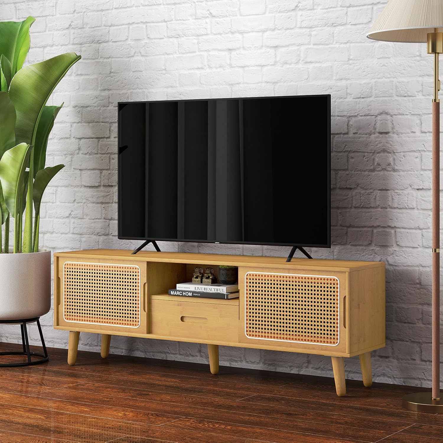 HollyHOME Bamboo TV Stand(Rattan and Drawer)