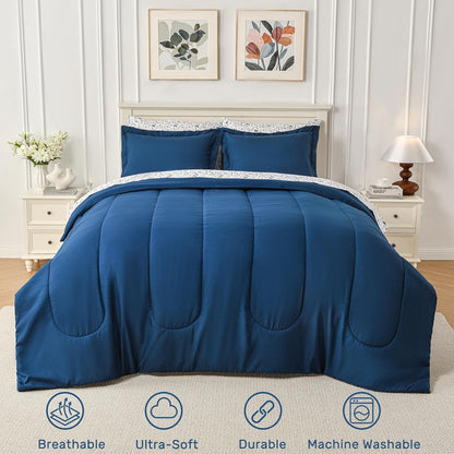 HollyHOME King Comforter Set, 7 Pieces Bedding Set, Blue Comforter Set with Ink Wash Butterfly Floral Sheet Set, King Size Bed in a Bag for All Season, Navy Blue